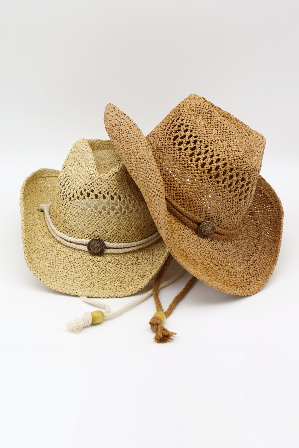 Western Straw Cowboy Hat With Antique Anchor Button And Chin Strap