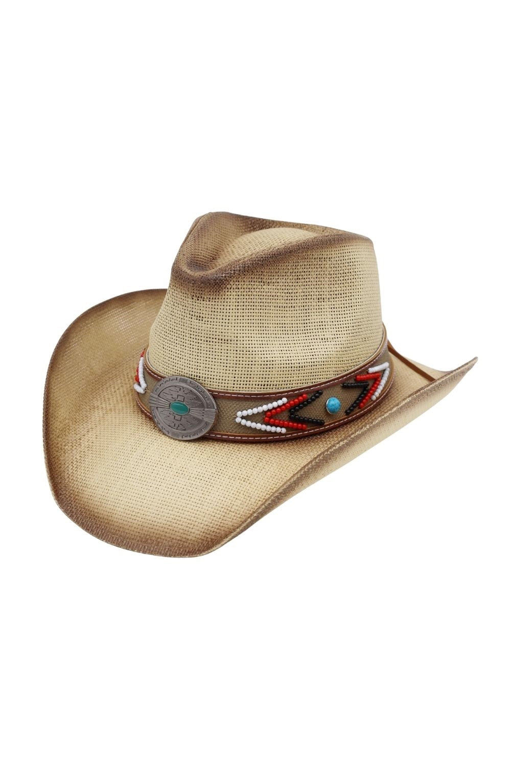 Vintage Western Straw Hat With Beaded Band And Turquoise