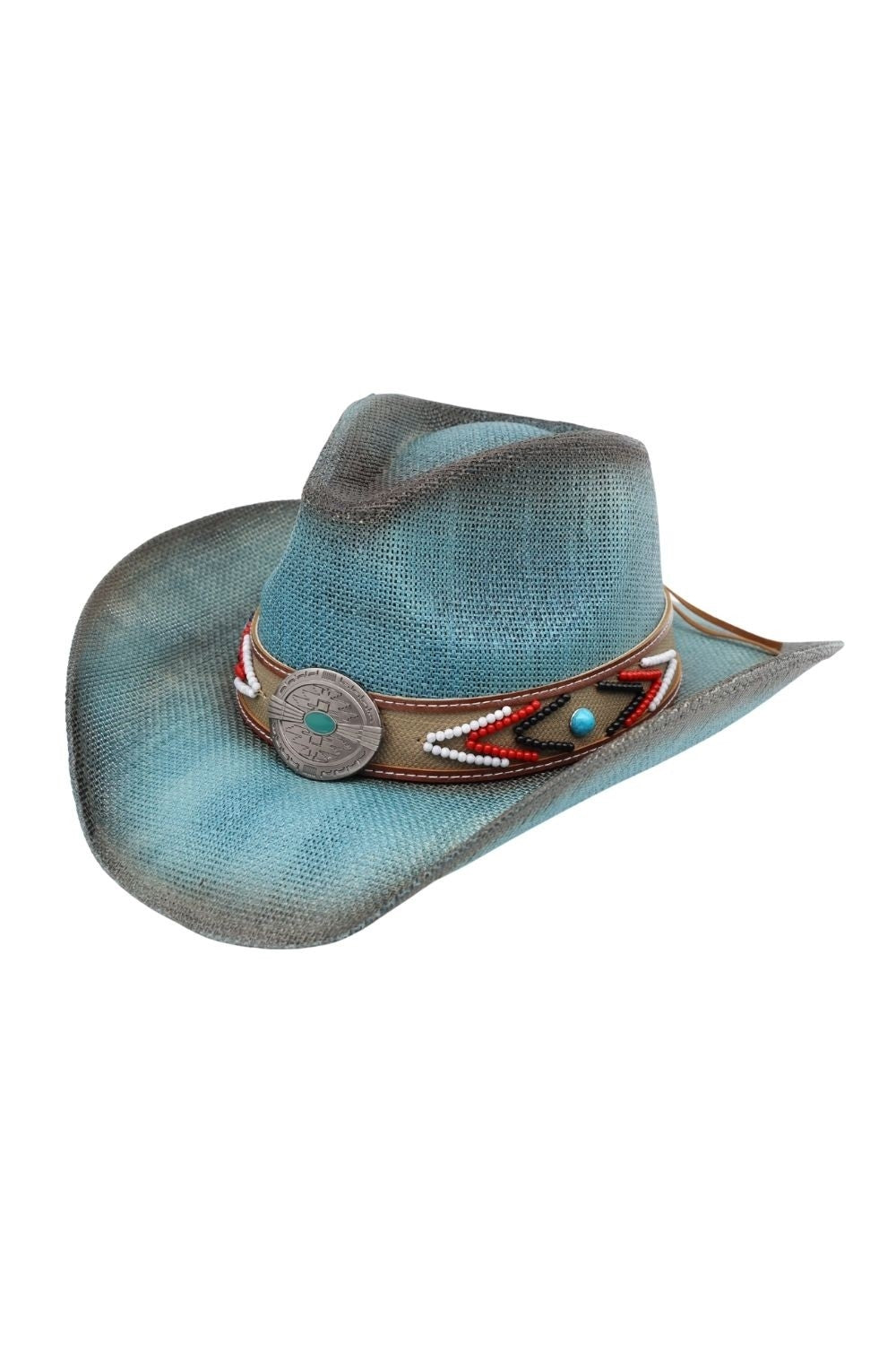 Vintage Western Straw Hat With Beaded Band And Turquoise