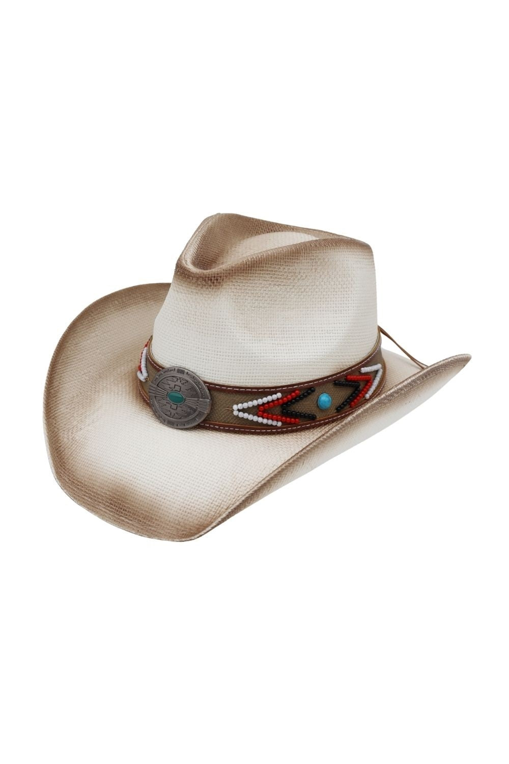 Vintage Western Straw Hat With Beaded Band And Turquoise