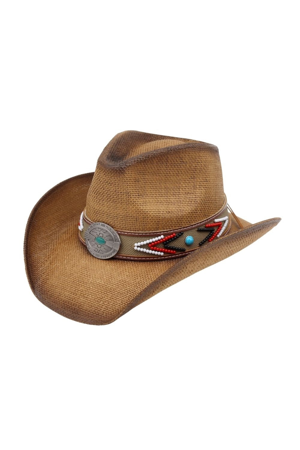 Vintage Western Straw Hat With Beaded Band And Turquoise