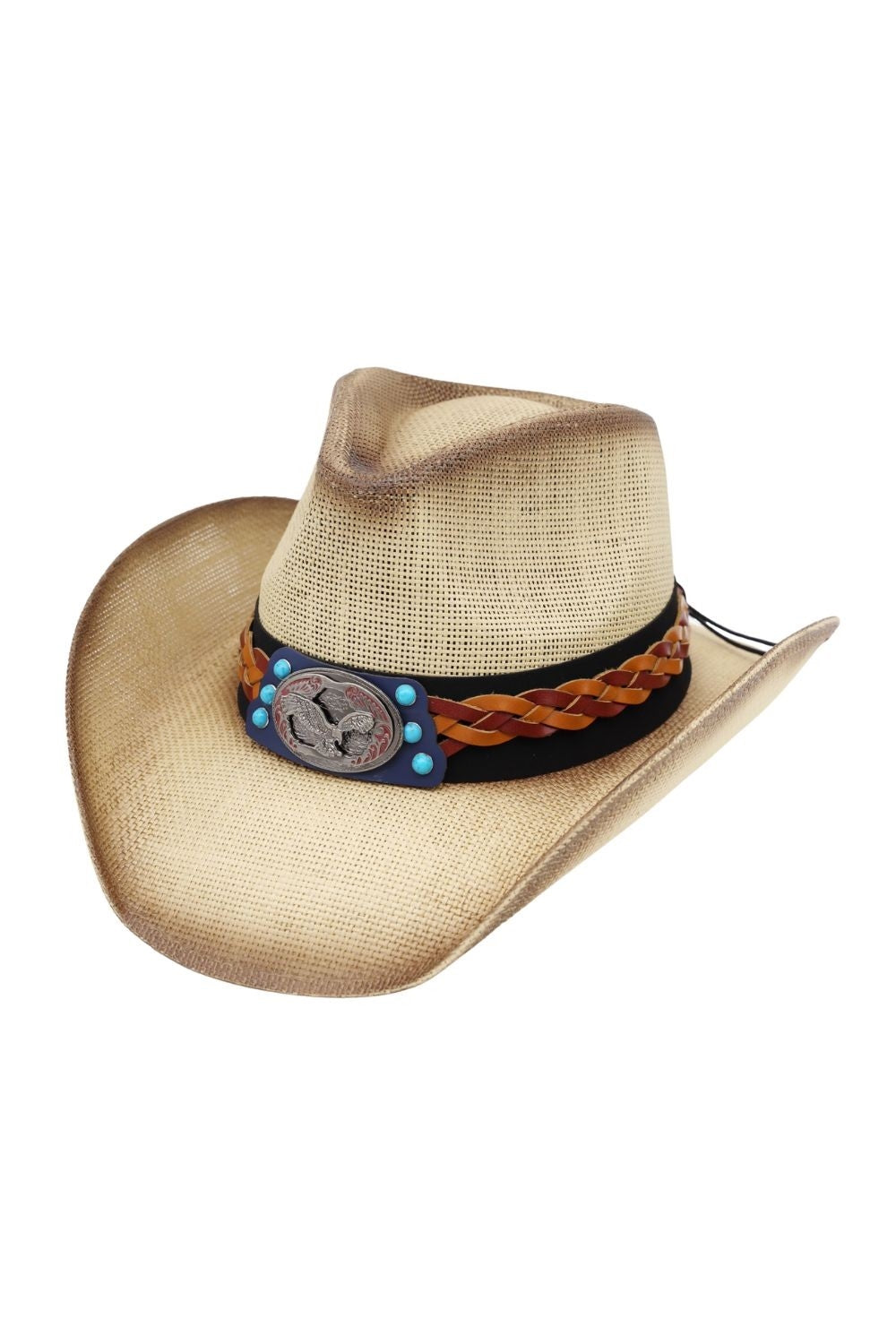 Vintage Cowboy Straw Hat With American Eagle Turquoise Concho And Multi Toned Braided Leather Strap