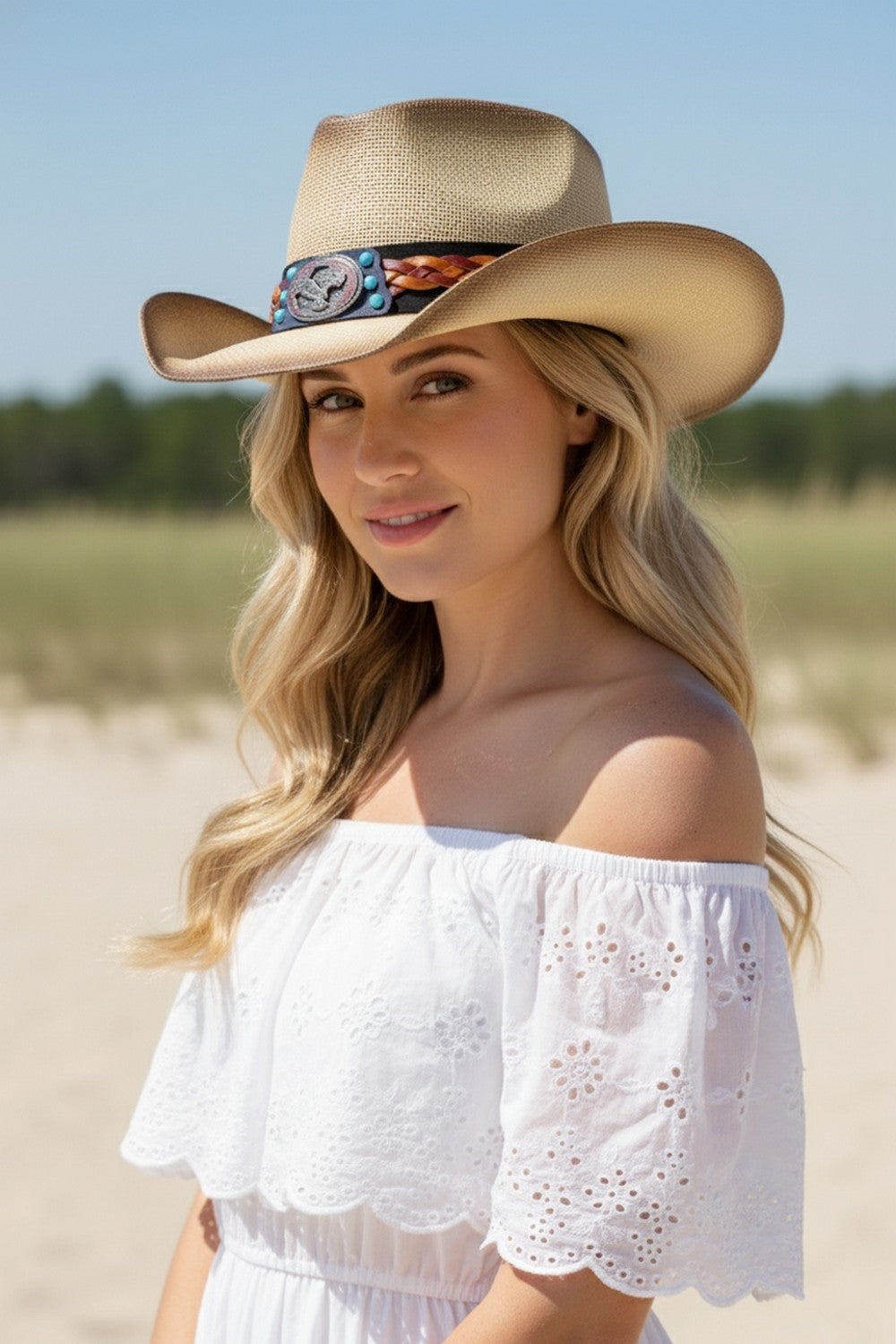 Vintage Cowboy Straw Hat With American Eagle Turquoise Concho And Multi Toned Braided Leather Strap