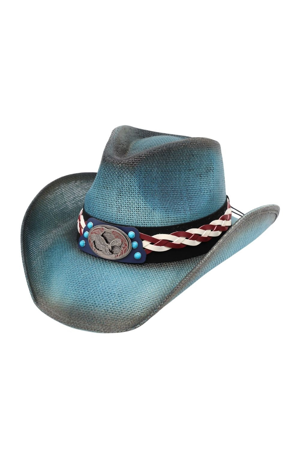 Vintage Cowboy Straw Hat With American Eagle Turquoise Concho And Multi Toned Braided Leather Strap