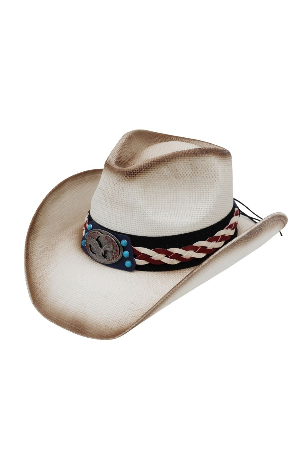 Vintage Cowboy Straw Hat With American Eagle Turquoise Concho And Multi Toned Braided Leather Strap