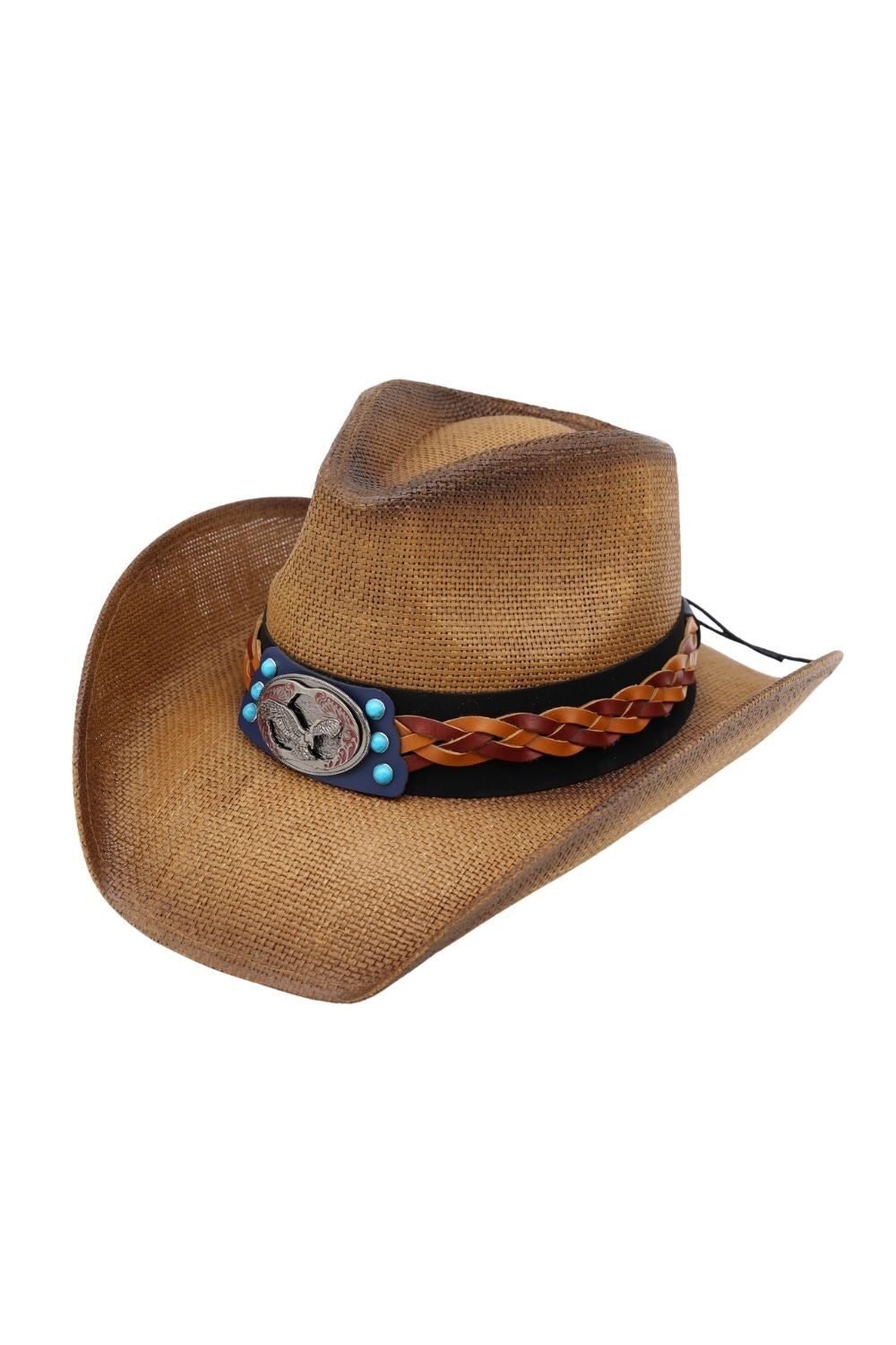 Vintage Cowboy Straw Hat With American Eagle Turquoise Concho And Multi Toned Braided Leather Strap
