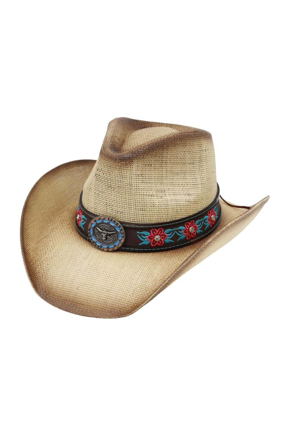 Rhinestone Flower Embroidered Straw Cowboy Hat With Longhorn Steer Concho