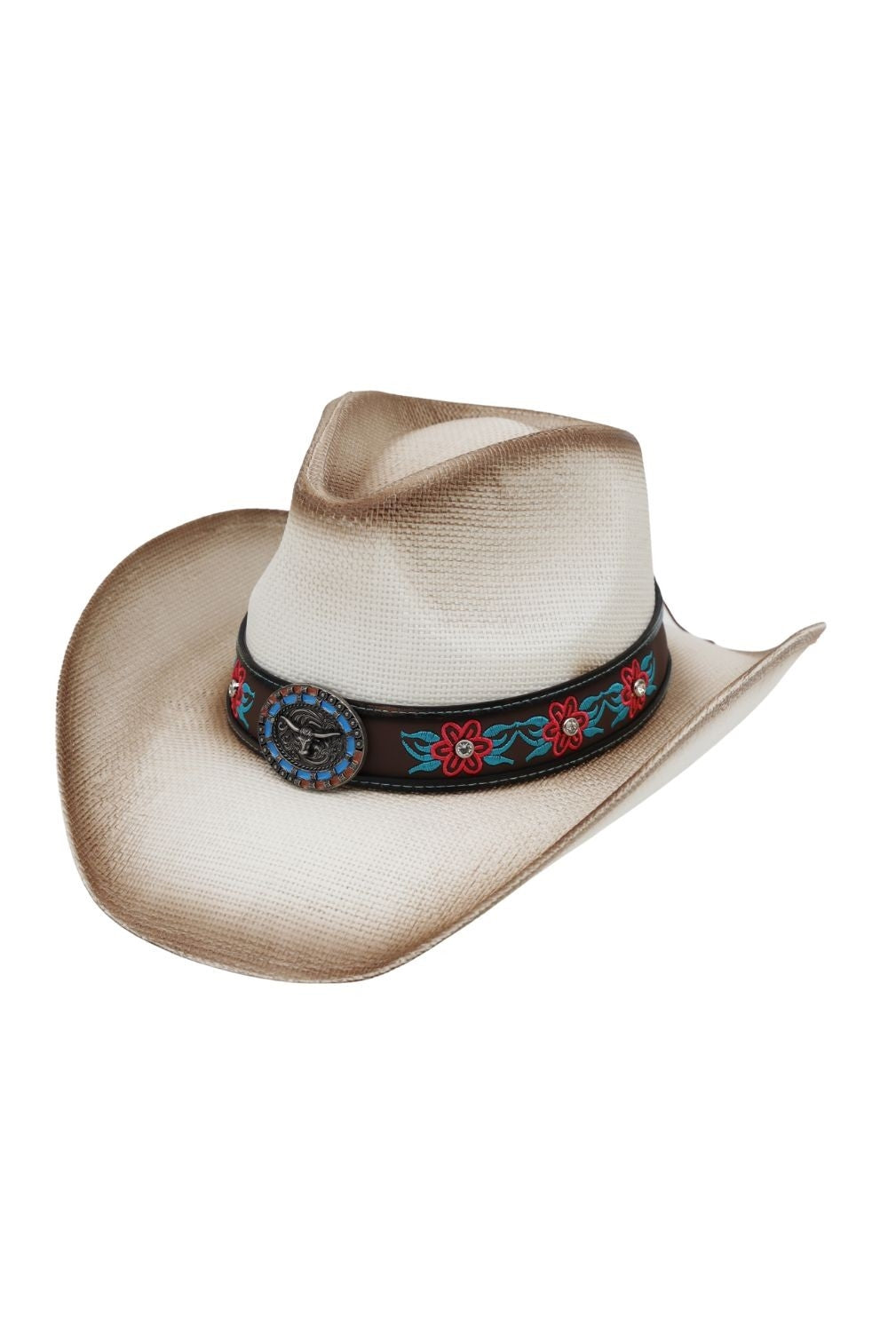 Rhinestone Flower Embroidered Straw Cowboy Hat With Longhorn Steer Concho