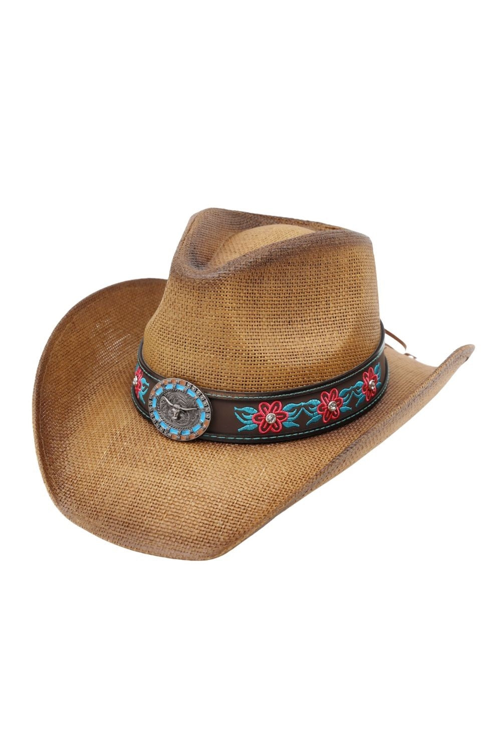 Rhinestone Flower Embroidered Straw Cowboy Hat With Longhorn Steer Concho