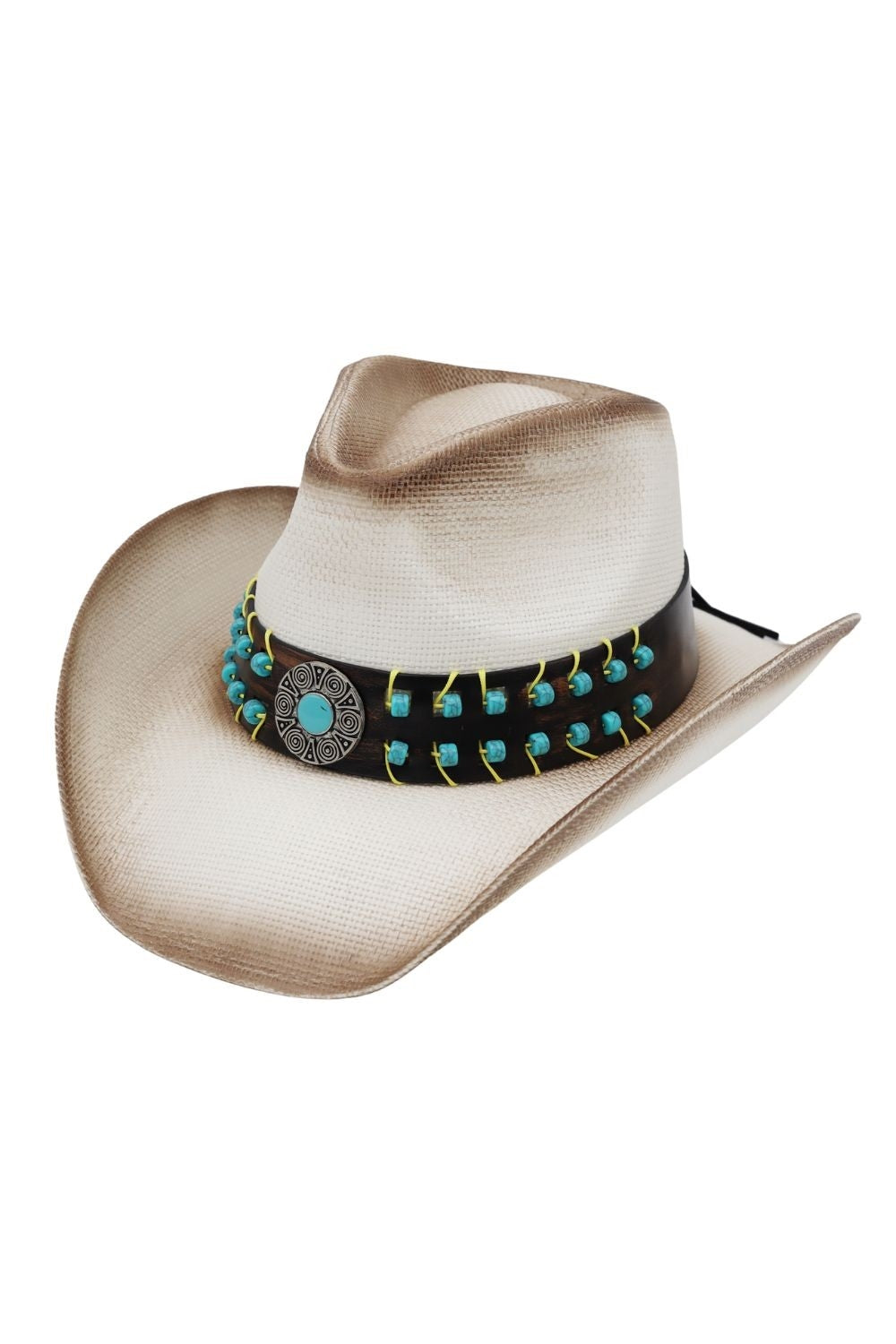 Vintage Turquoise Beaded Straw Cowboy Hat With Antiqued Concho
