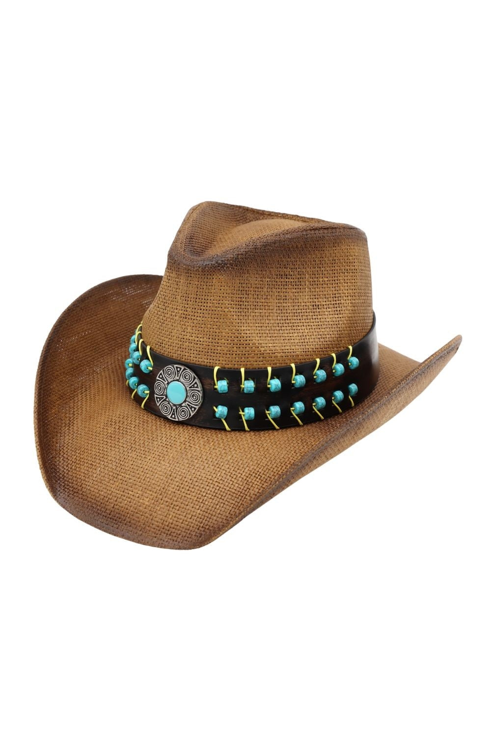 Vintage Turquoise Beaded Straw Cowboy Hat With Antiqued Concho