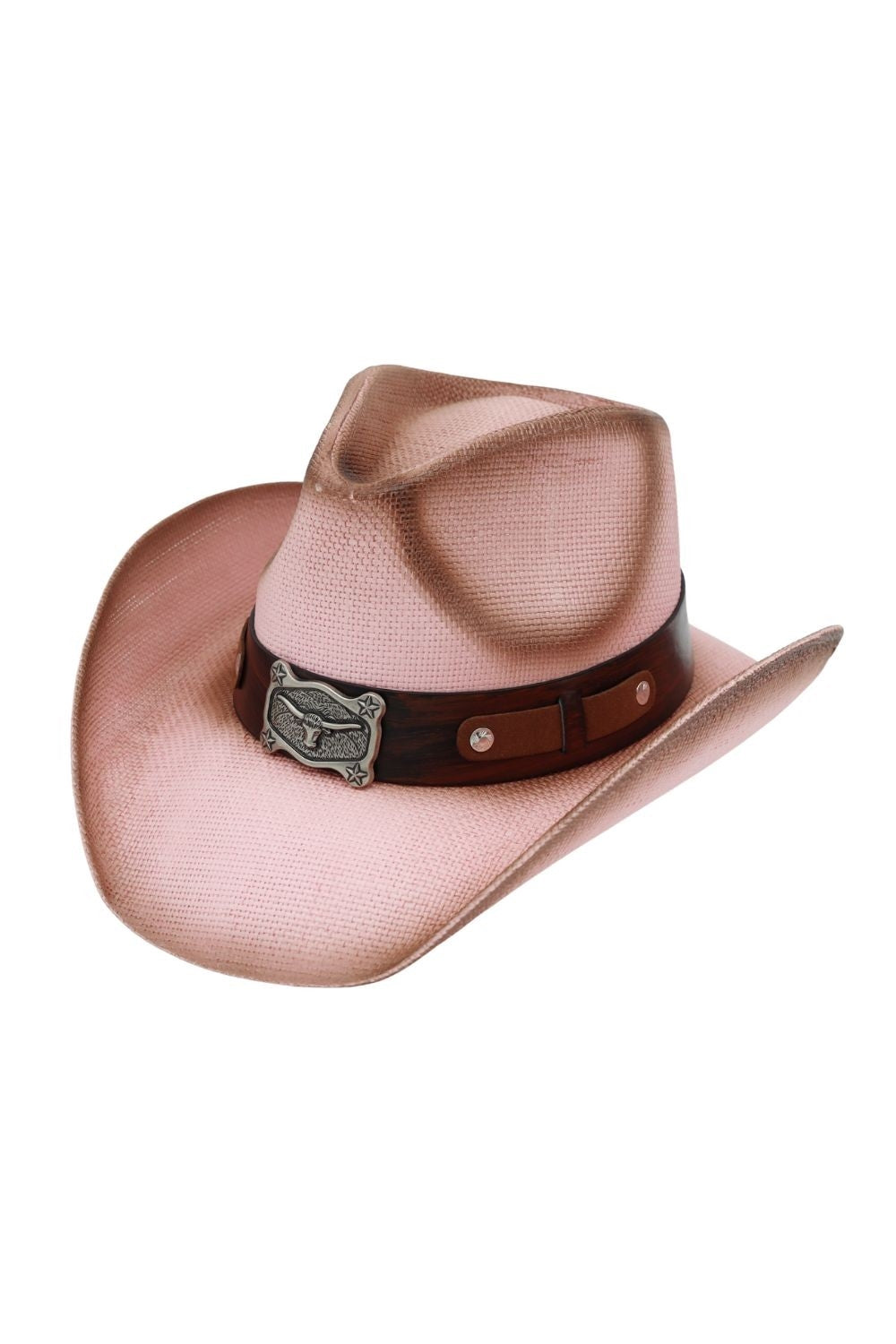 Vintage Straw Cowboy Hat With Antiqued Longhorn Steer Concho