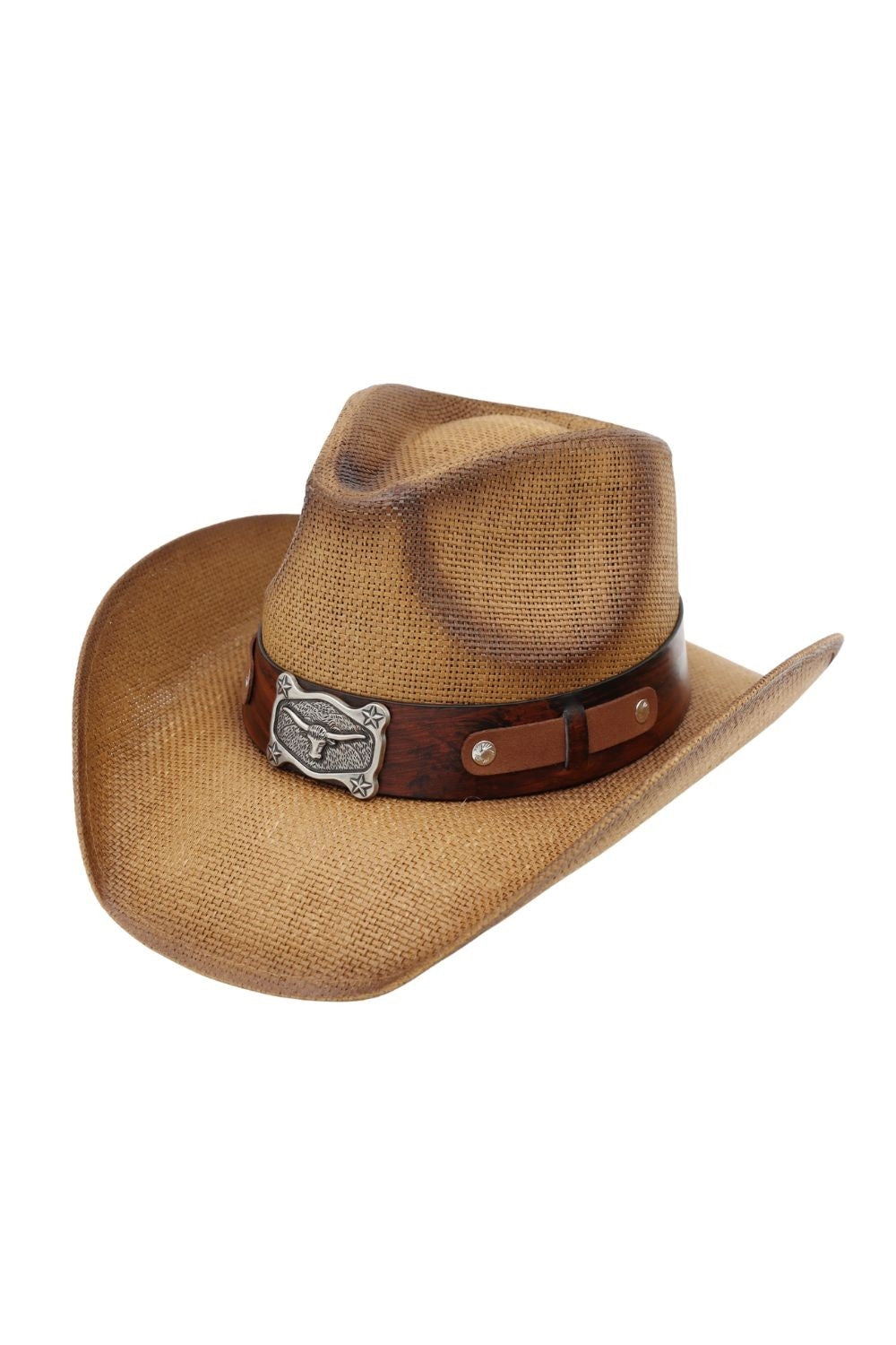 Vintage Straw Cowboy Hat With Antiqued Longhorn Steer Concho