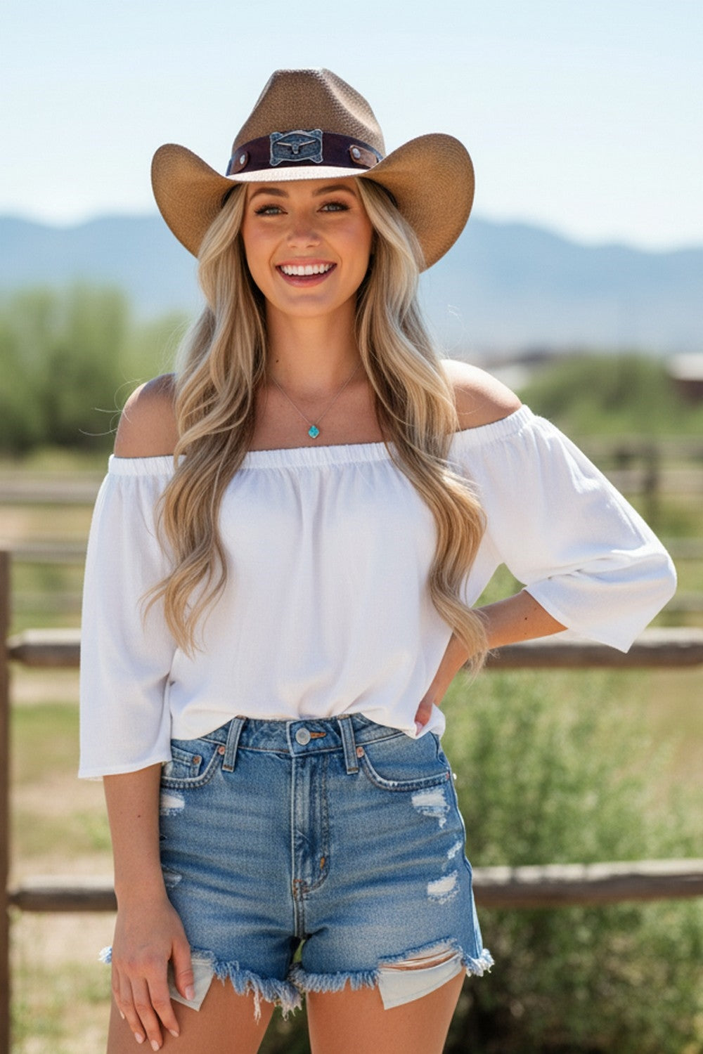 Vintage Straw Cowboy Hat With Antiqued Longhorn Steer Concho