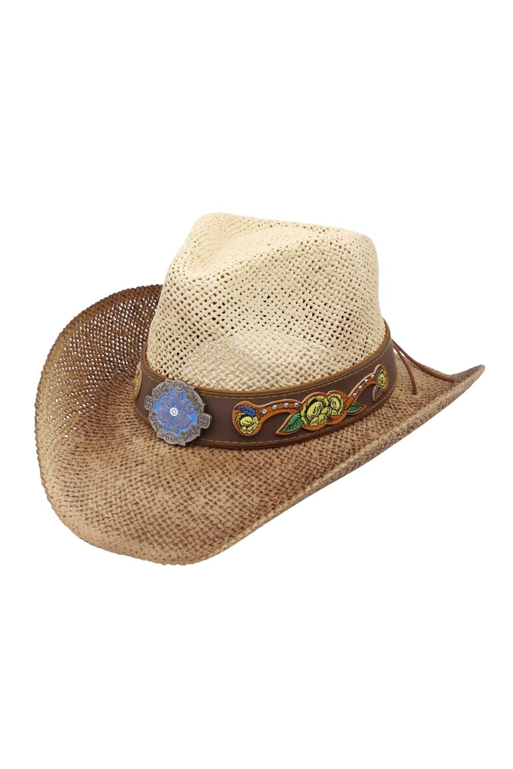 Boho Two-Tone Cowboy Straw Hat With Rhinestone Studded Floral Band And Concho