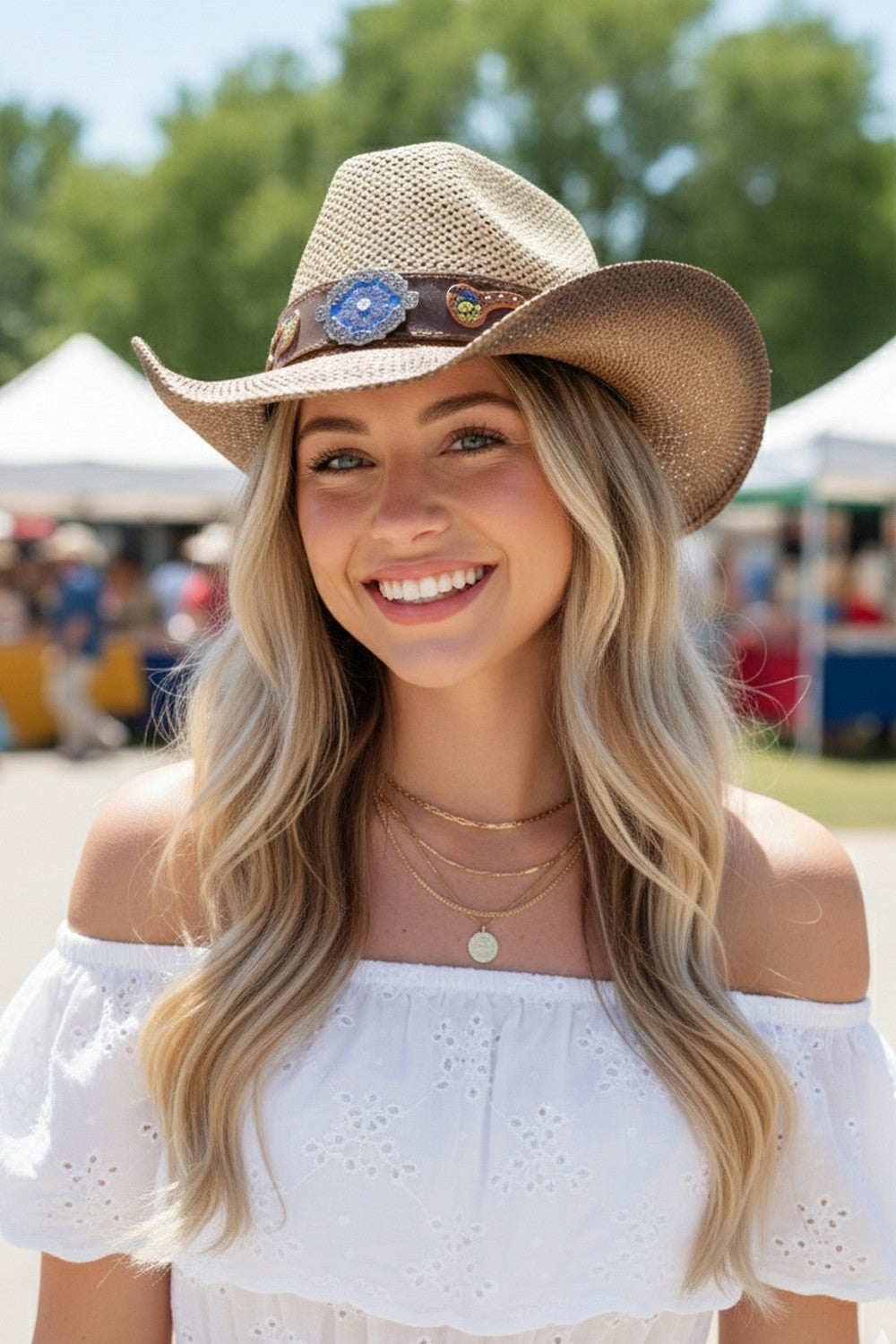 Boho Two-Tone Cowboy Straw Hat With Rhinestone Studded Floral Band And Concho