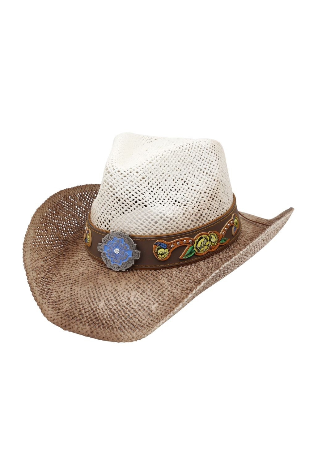 Boho Two-Tone Cowboy Straw Hat With Rhinestone Studded Floral Band And Concho