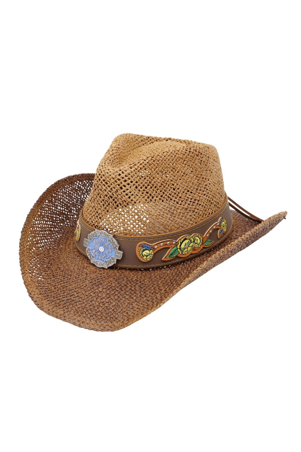 Boho Two-Tone Cowboy Straw Hat With Rhinestone Studded Floral Band And Concho