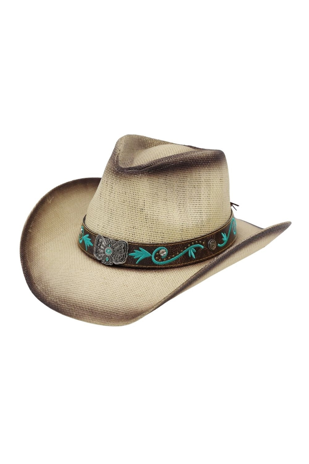 Distressed Straw Hat With Turquoise Bloom And Butterfly Concho Band