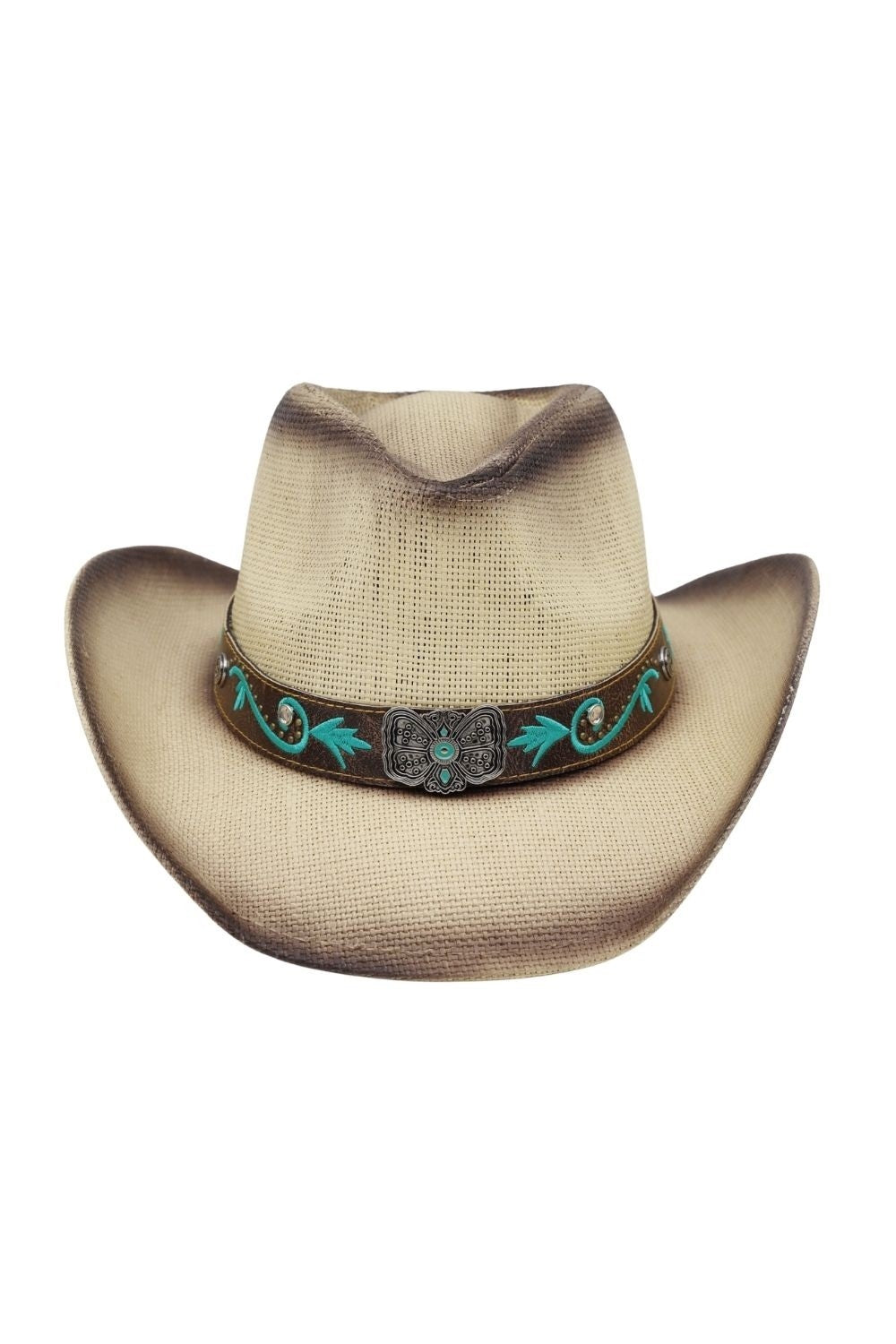 Distressed Straw Hat With Turquoise Bloom And Butterfly Concho Band