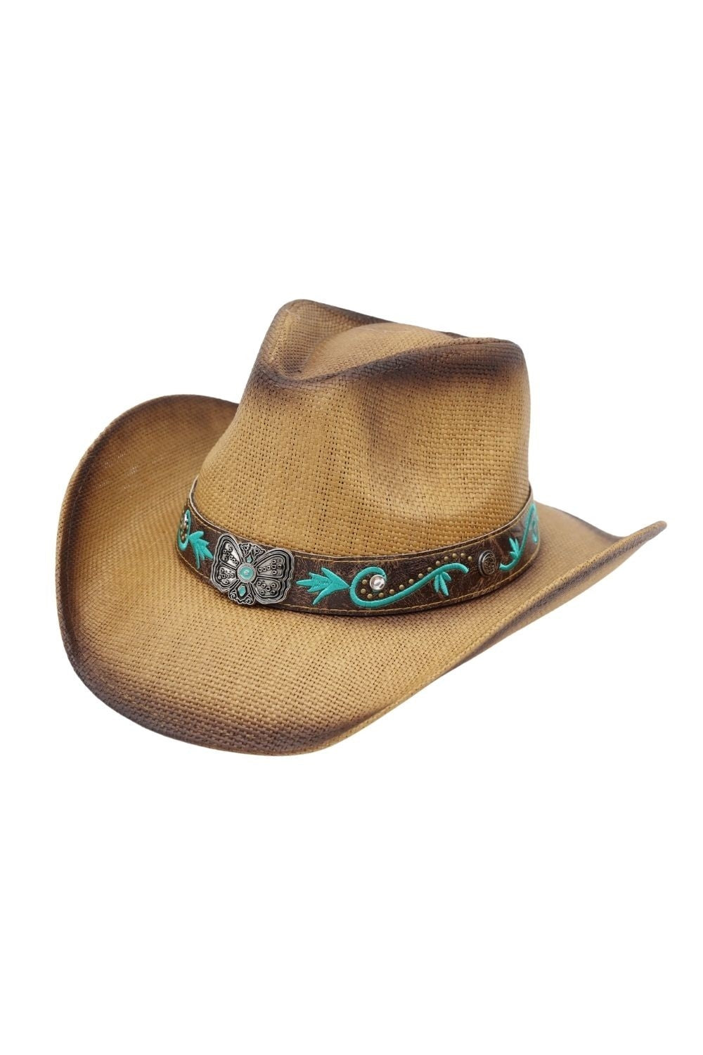Distressed Straw Hat With Turquoise Bloom And Butterfly Concho Band