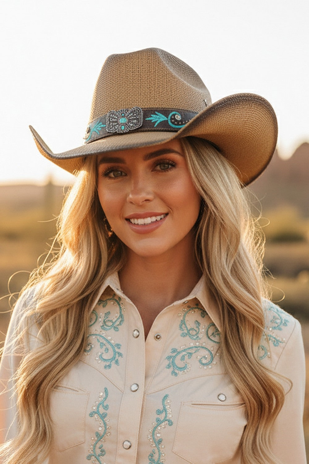 Distressed Straw Hat With Turquoise Bloom And Butterfly Concho Band
