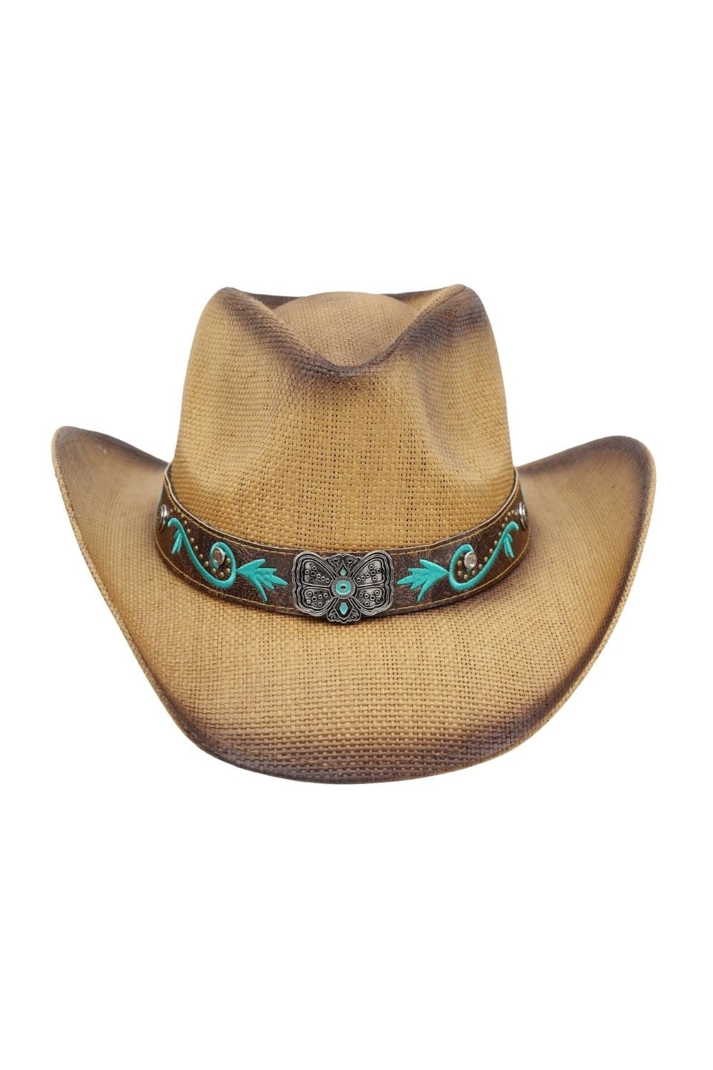 Distressed Straw Hat With Turquoise Bloom And Butterfly Concho Band