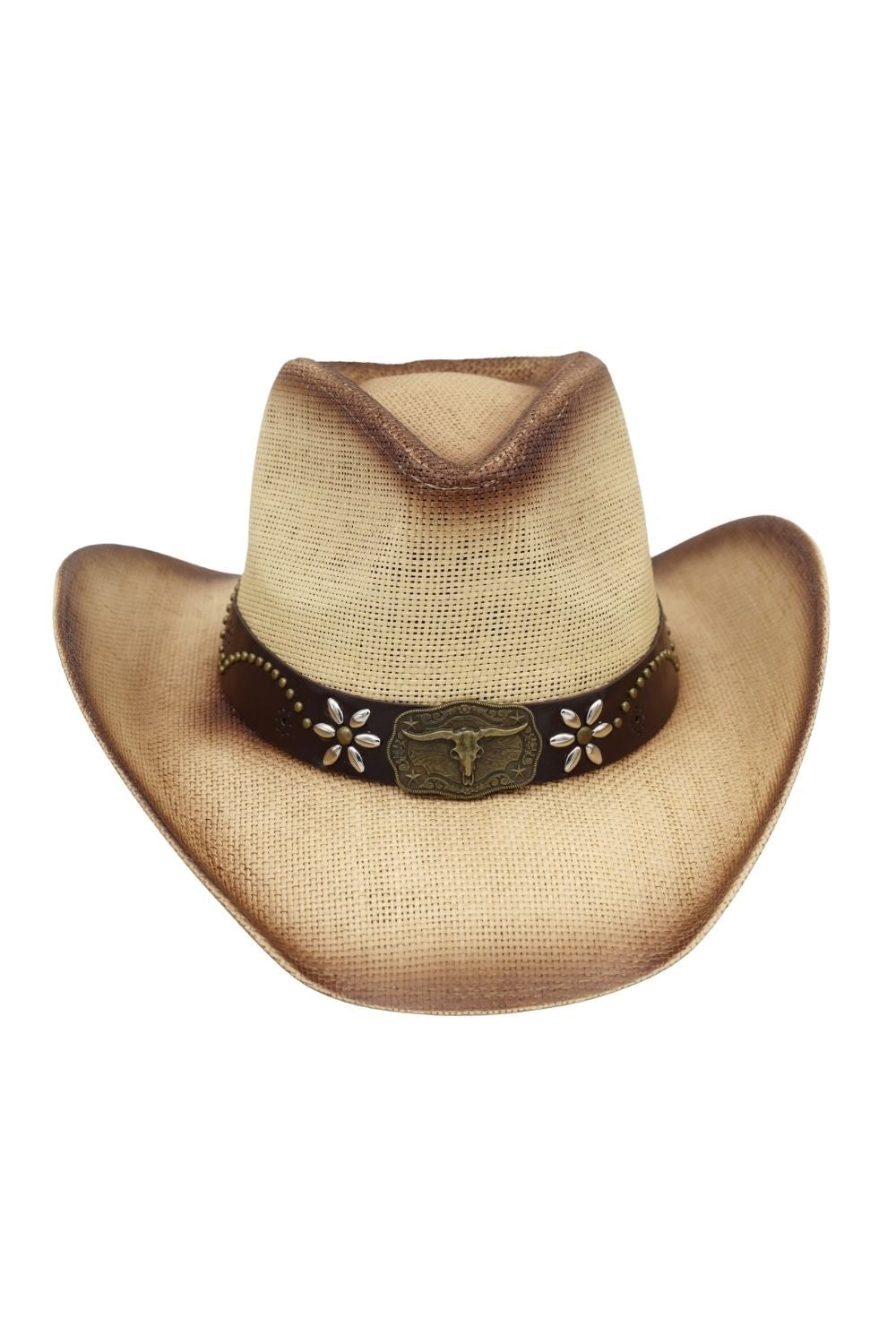 Distressed Straw Cowboy Hat With Metal Bull Buckle