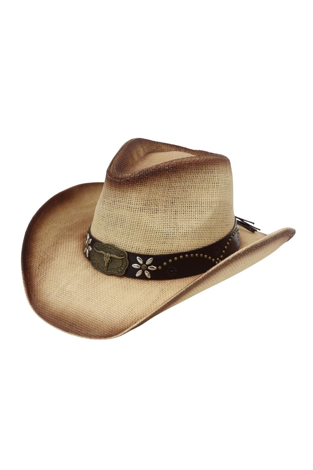 Distressed Straw Cowboy Hat With Metal Bull Buckle