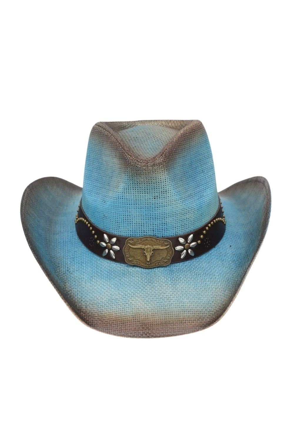 Distressed Straw Cowboy Hat With Metal Bull Buckle