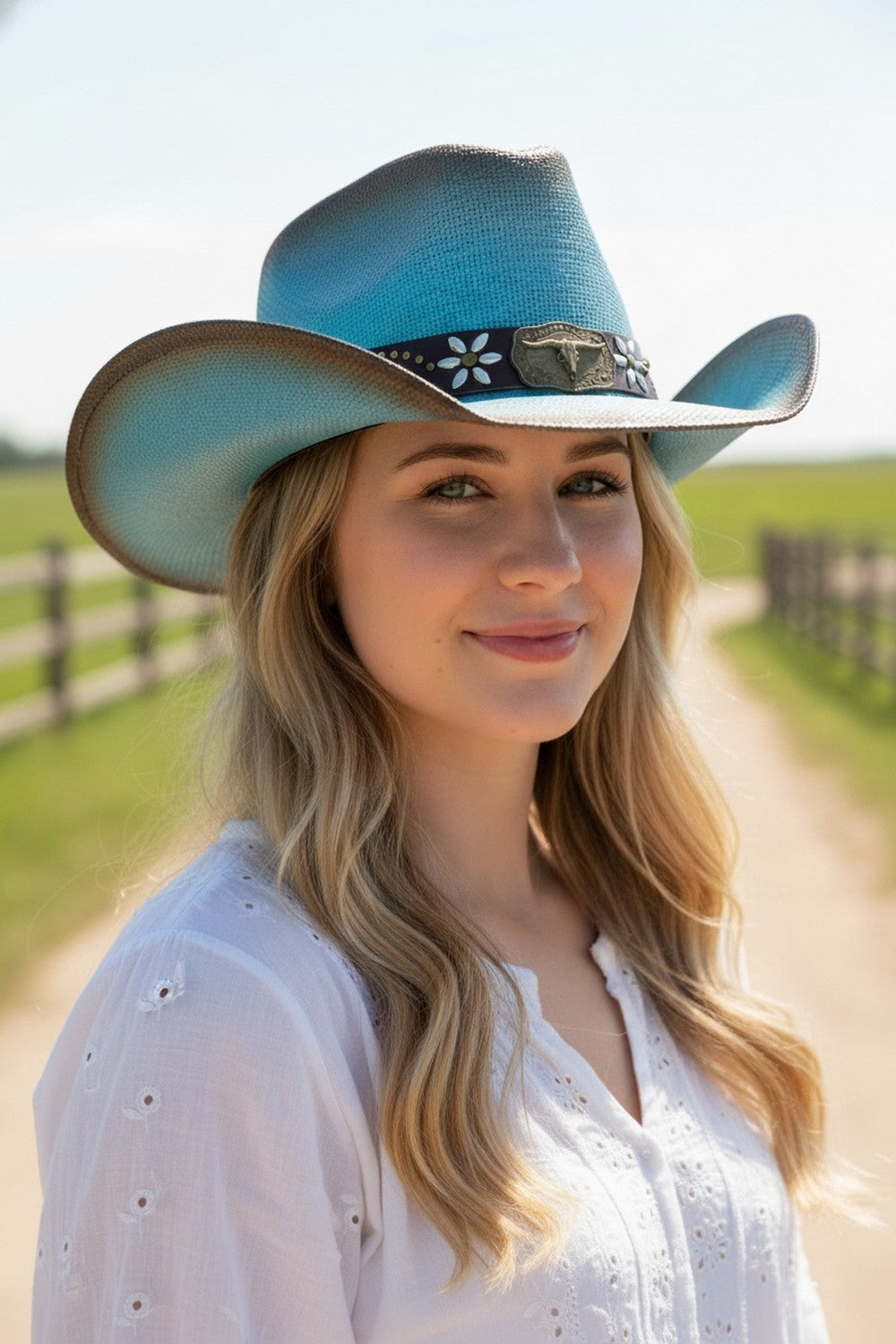 Distressed Straw Cowboy Hat With Metal Bull Buckle