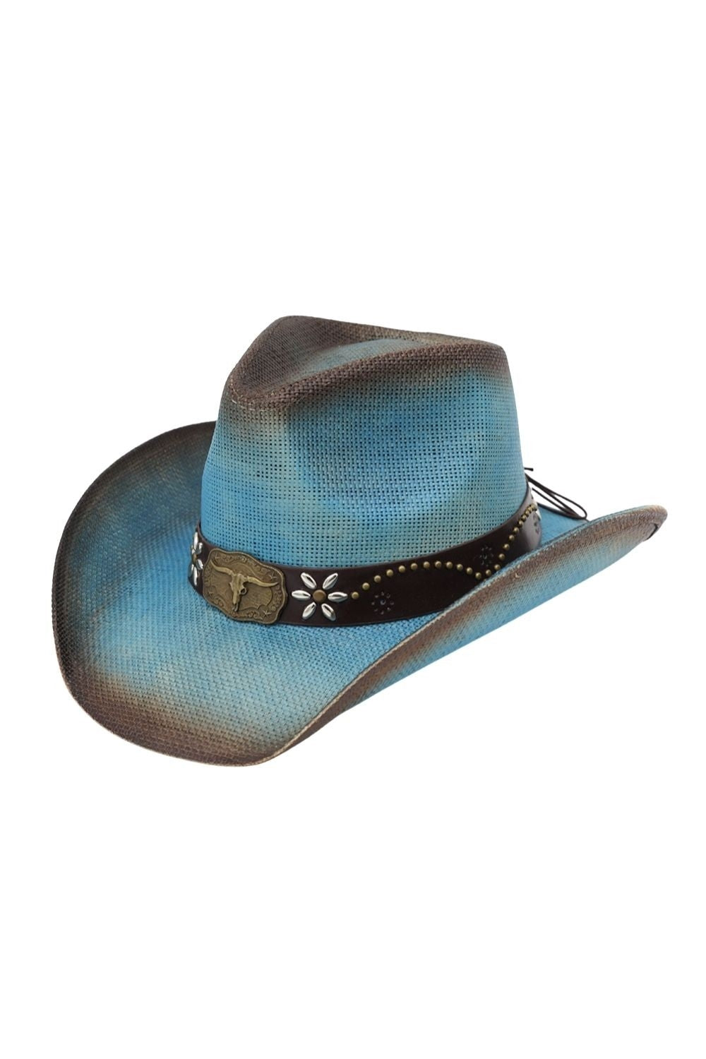 Distressed Straw Cowboy Hat With Metal Bull Buckle