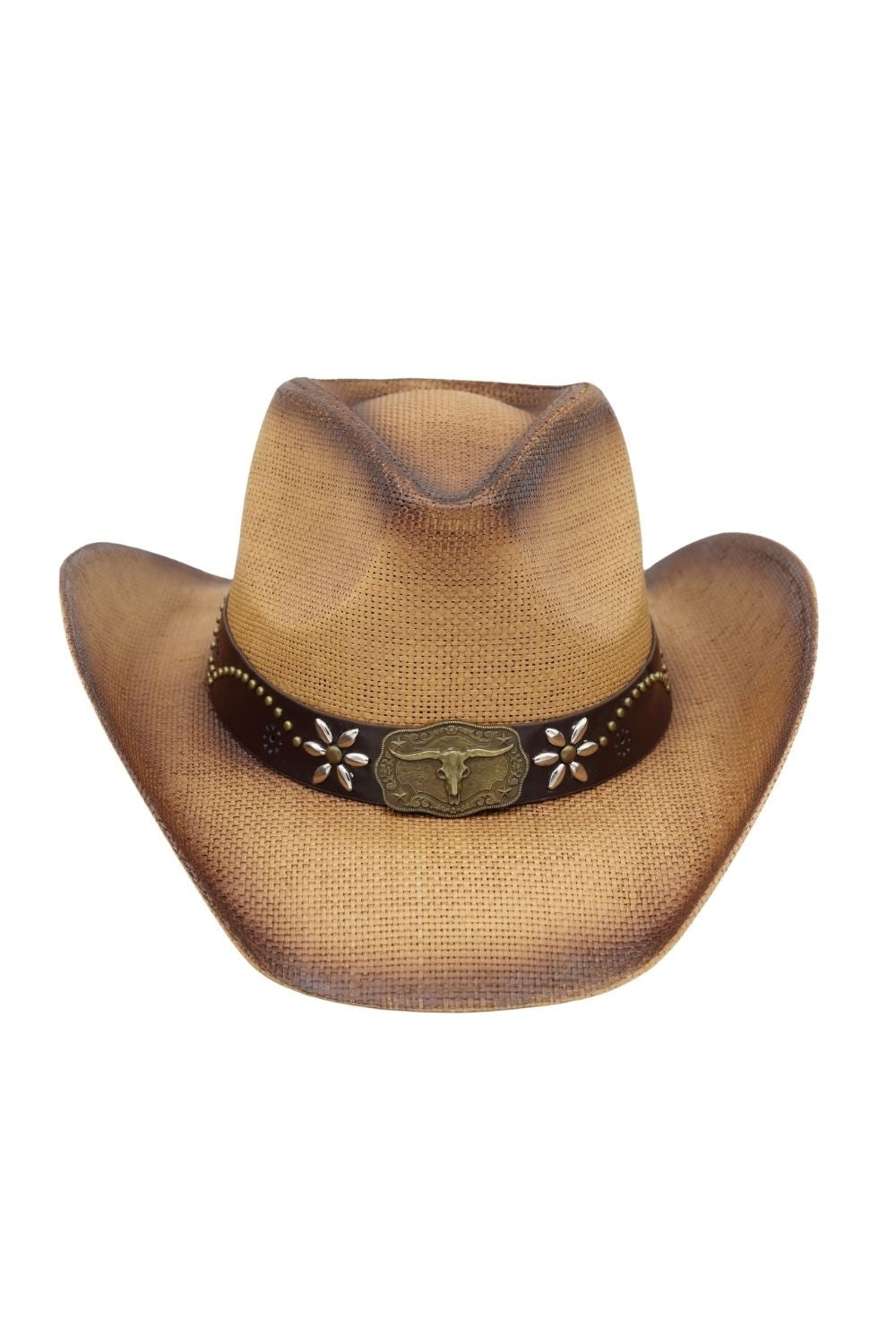 Distressed Straw Cowboy Hat With Metal Bull Buckle