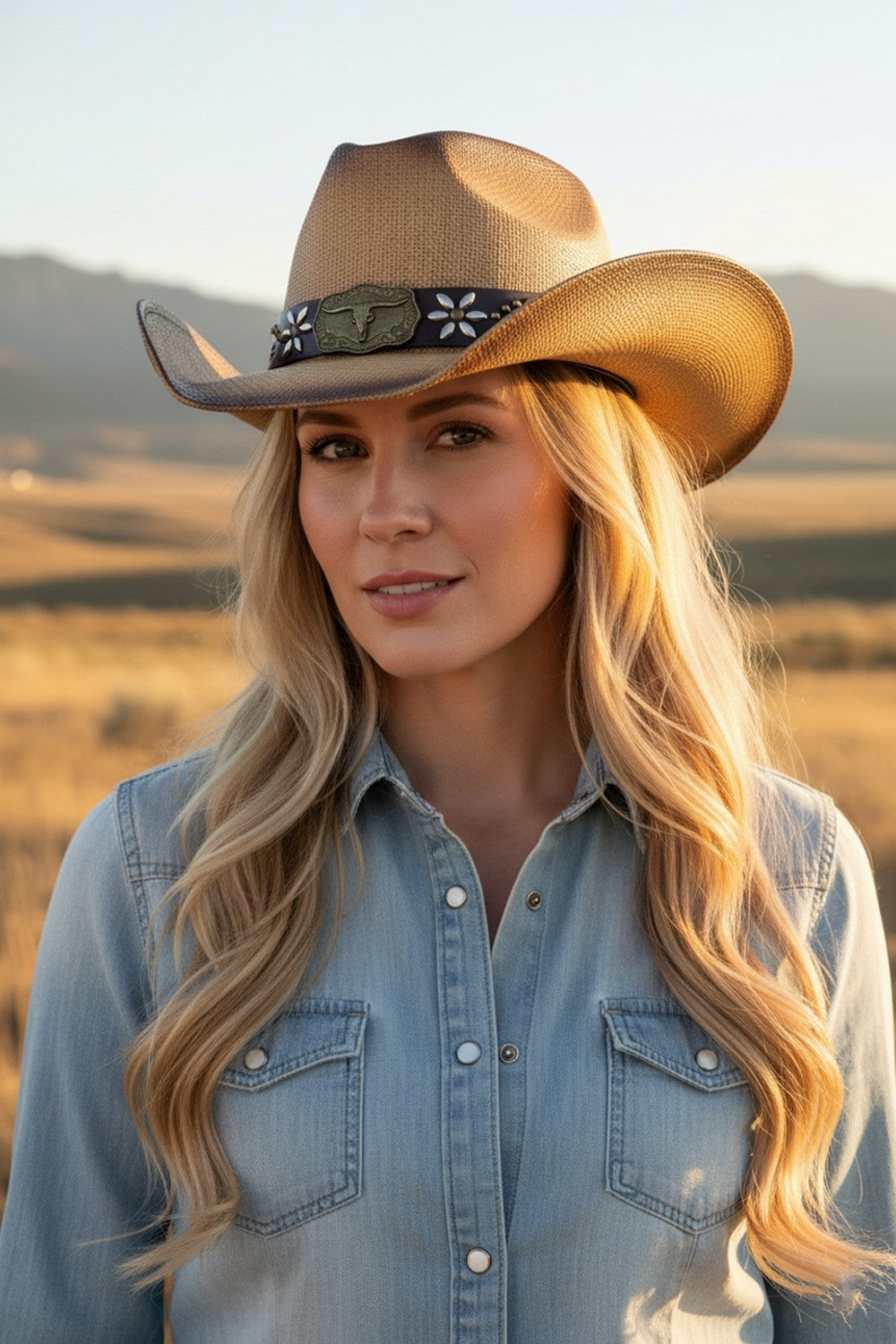 Distressed Straw Cowboy Hat With Metal Bull Buckle