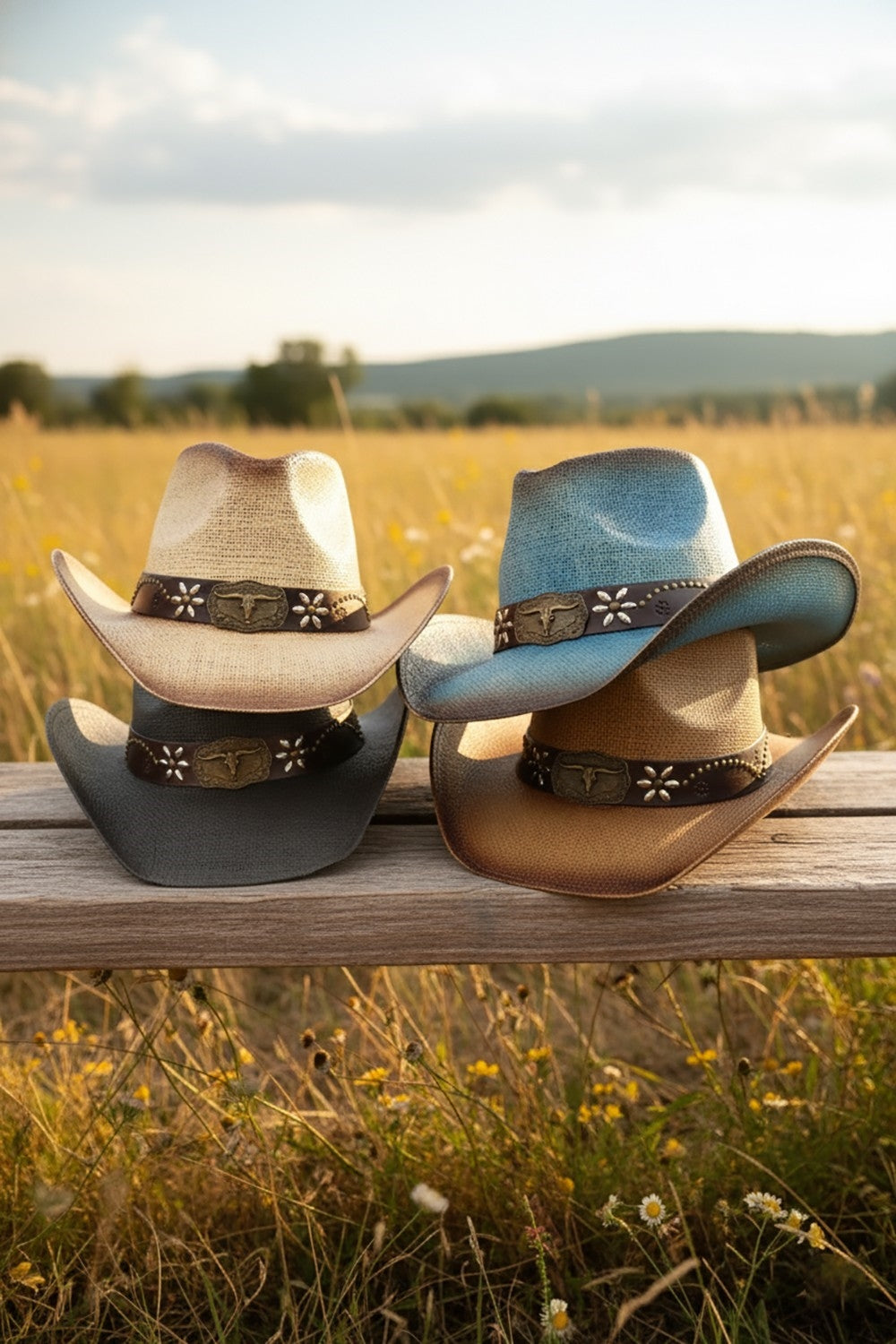 Distressed Straw Cowboy Hat With Metal Bull Buckle