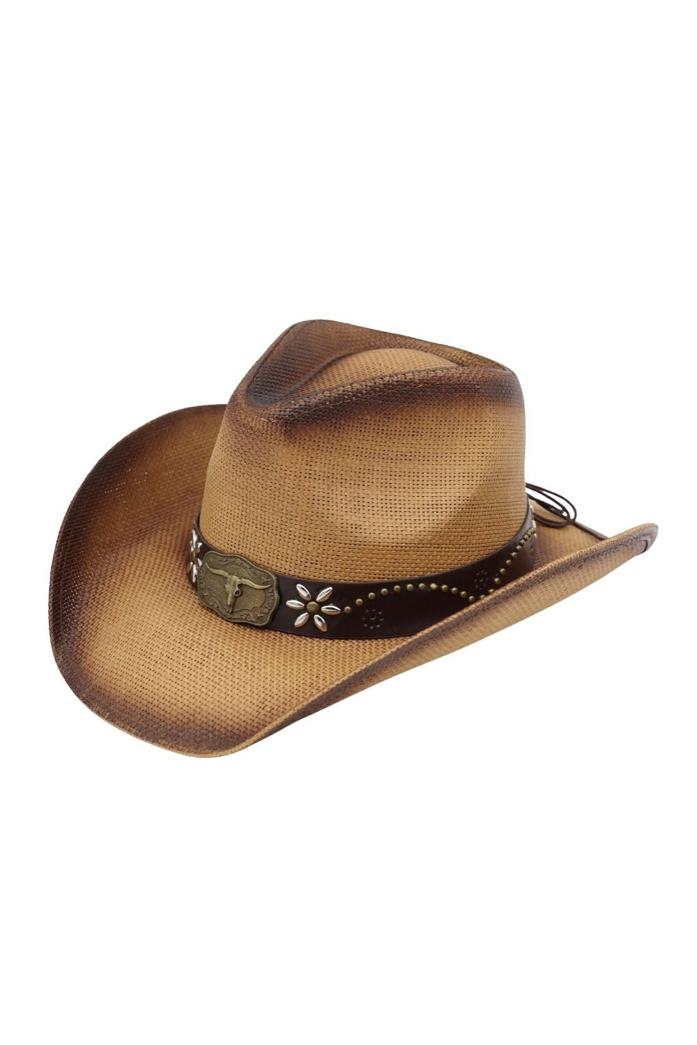 Distressed Straw Cowboy Hat With Metal Bull Buckle