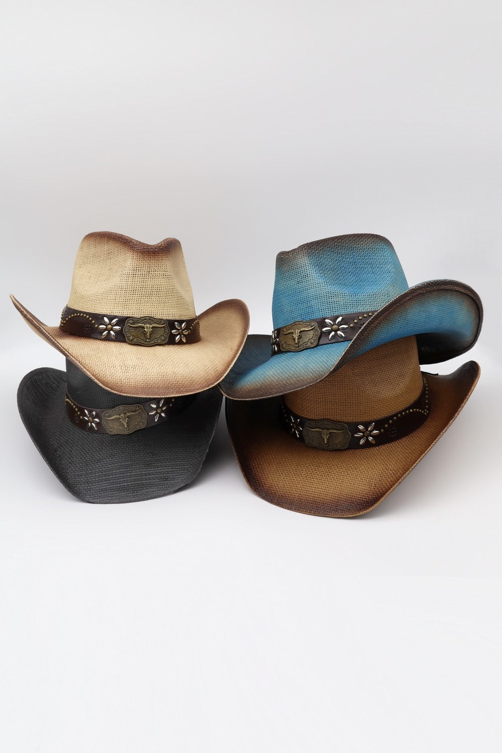 Distressed Straw Cowboy Hat With Metal Bull Buckle