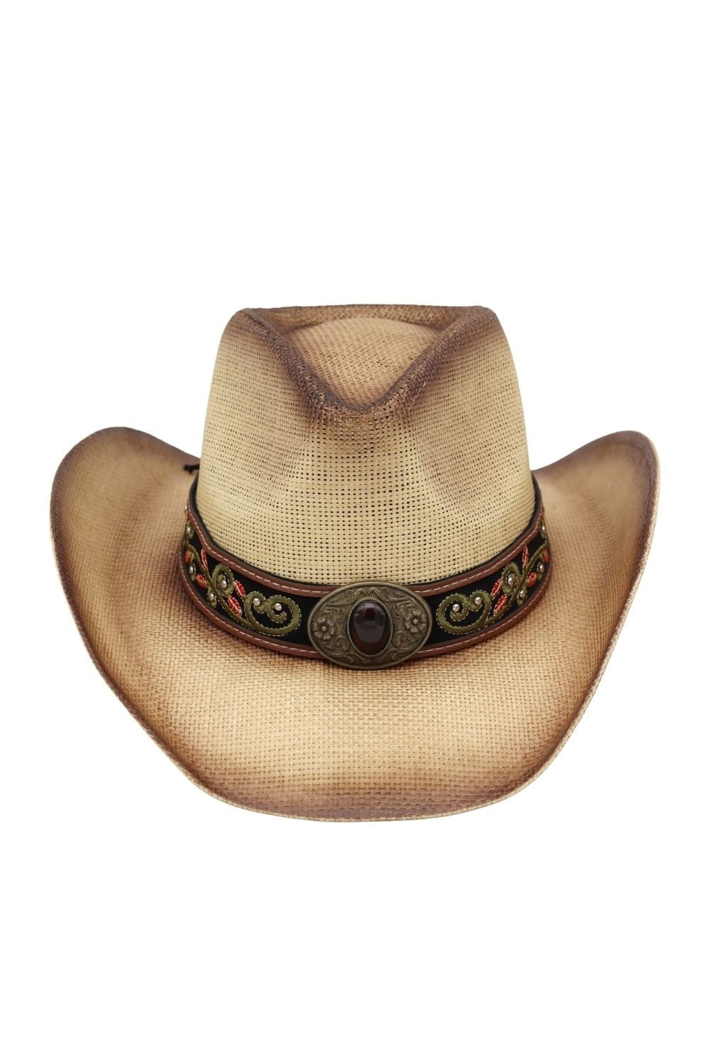 Distressed Straw Cowboy Hat With Orate Faux Leather Band