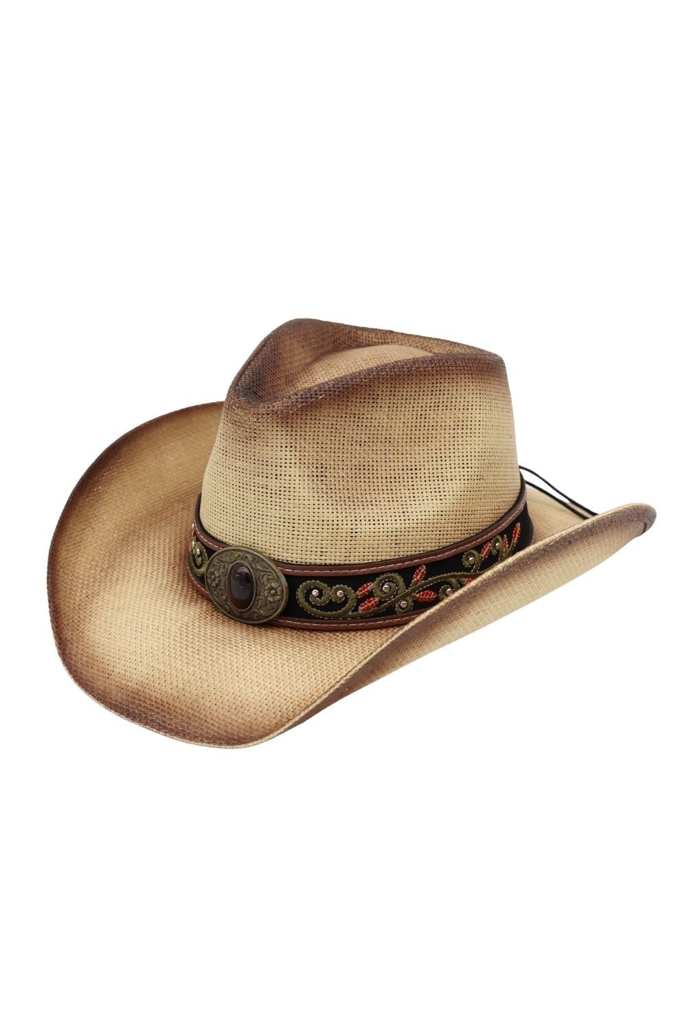 Distressed Straw Cowboy Hat With Orate Faux Leather Band