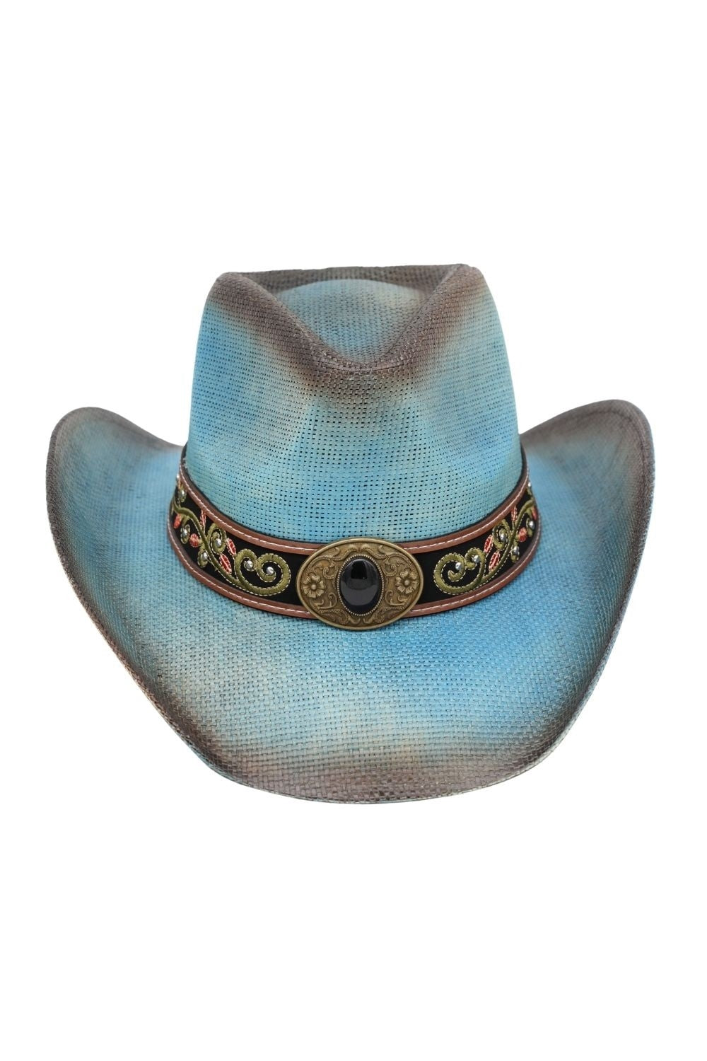 Distressed Straw Cowboy Hat With Orate Faux Leather Band