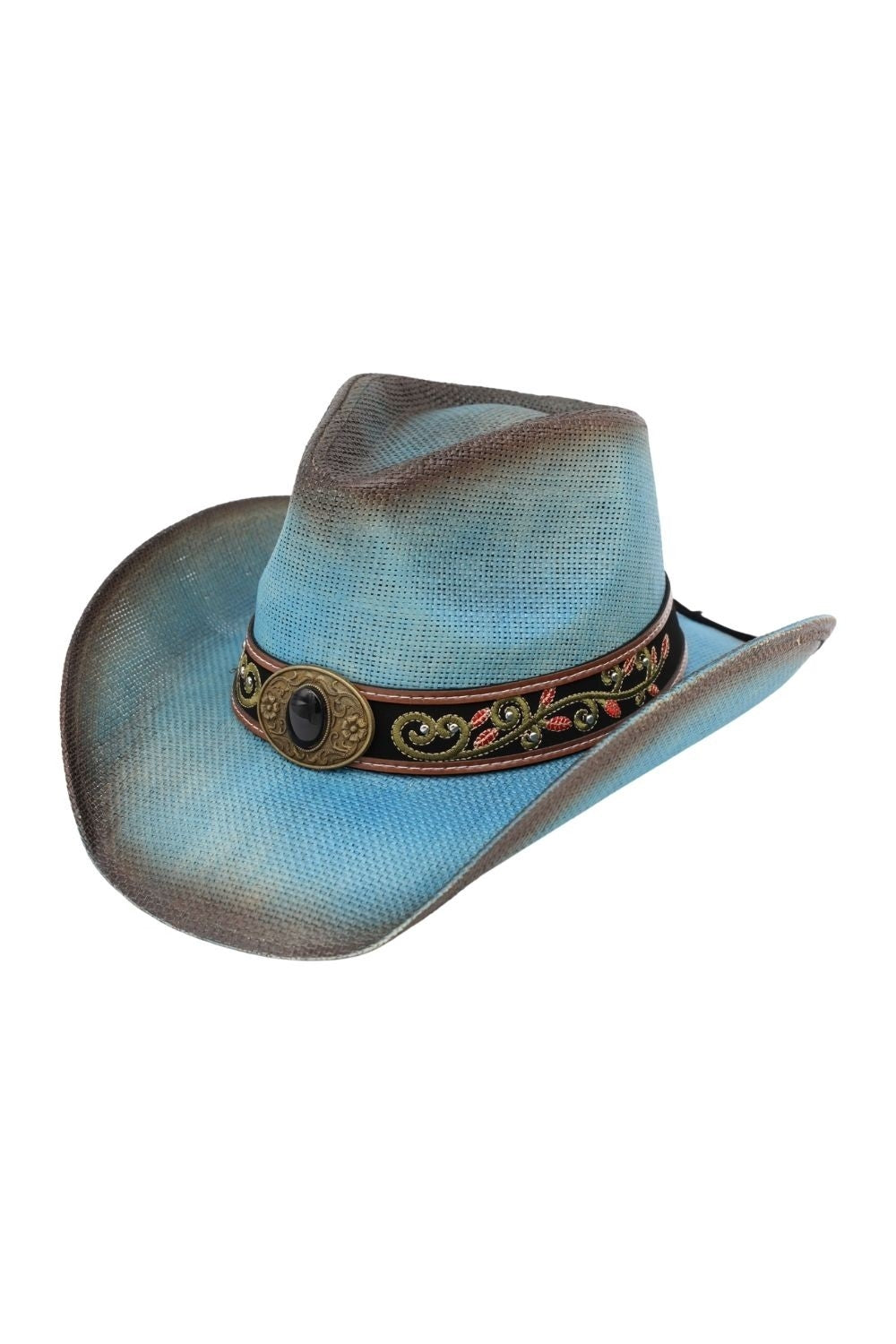 Distressed Straw Cowboy Hat With Orate Faux Leather Band