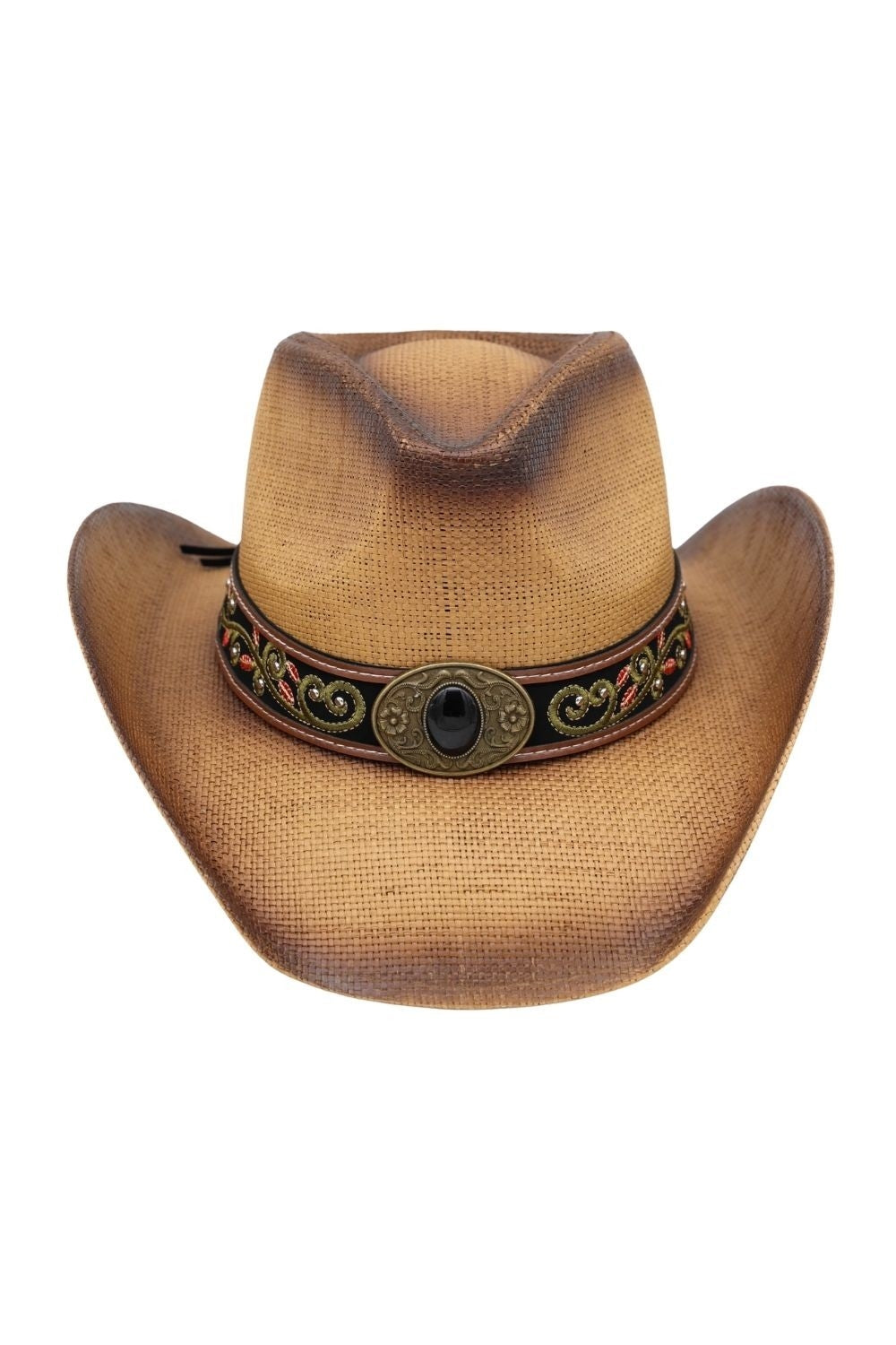 Distressed Straw Cowboy Hat With Orate Faux Leather Band