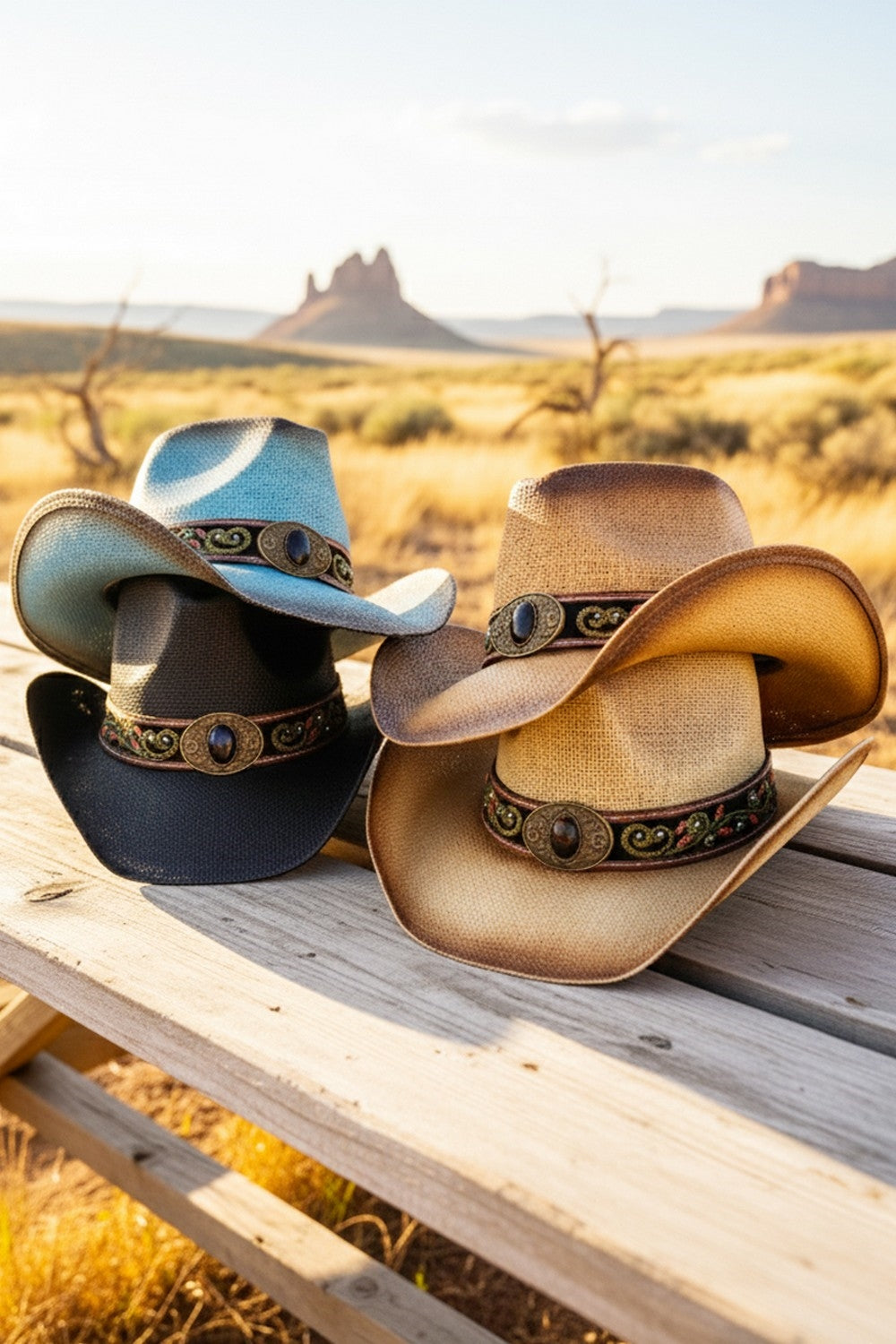 Distressed Straw Cowboy Hat With Orate Faux Leather Band