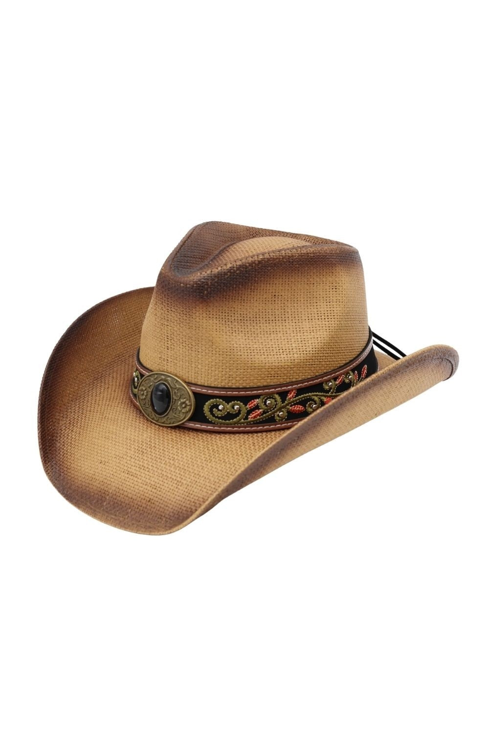 Distressed Straw Cowboy Hat With Orate Faux Leather Band