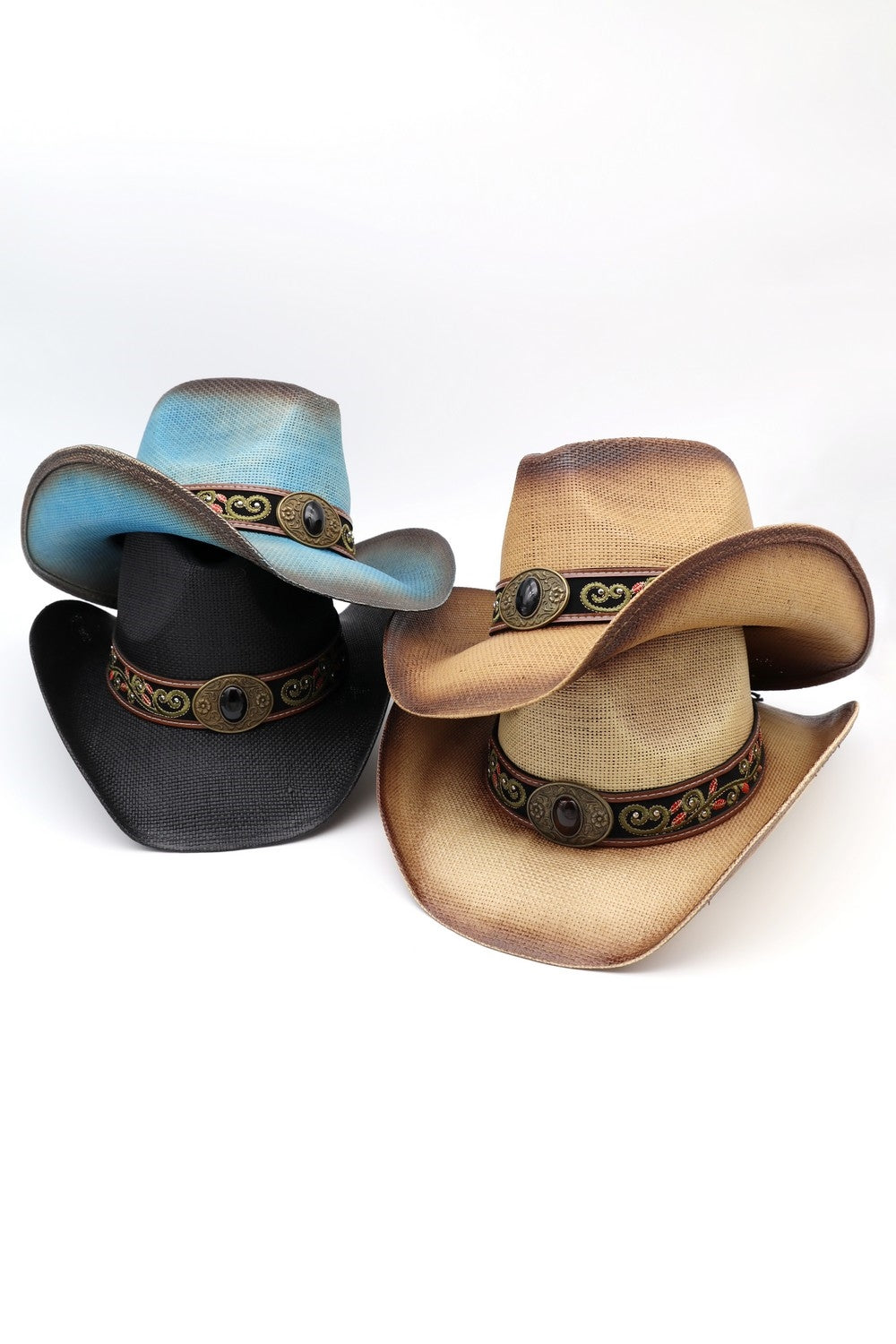 Distressed Straw Cowboy Hat With Orate Faux Leather Band