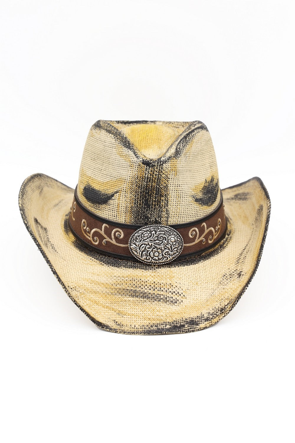 Antique Wash Straw Cowboy Hat With Ornate Oval Buckle Faux Leather Band