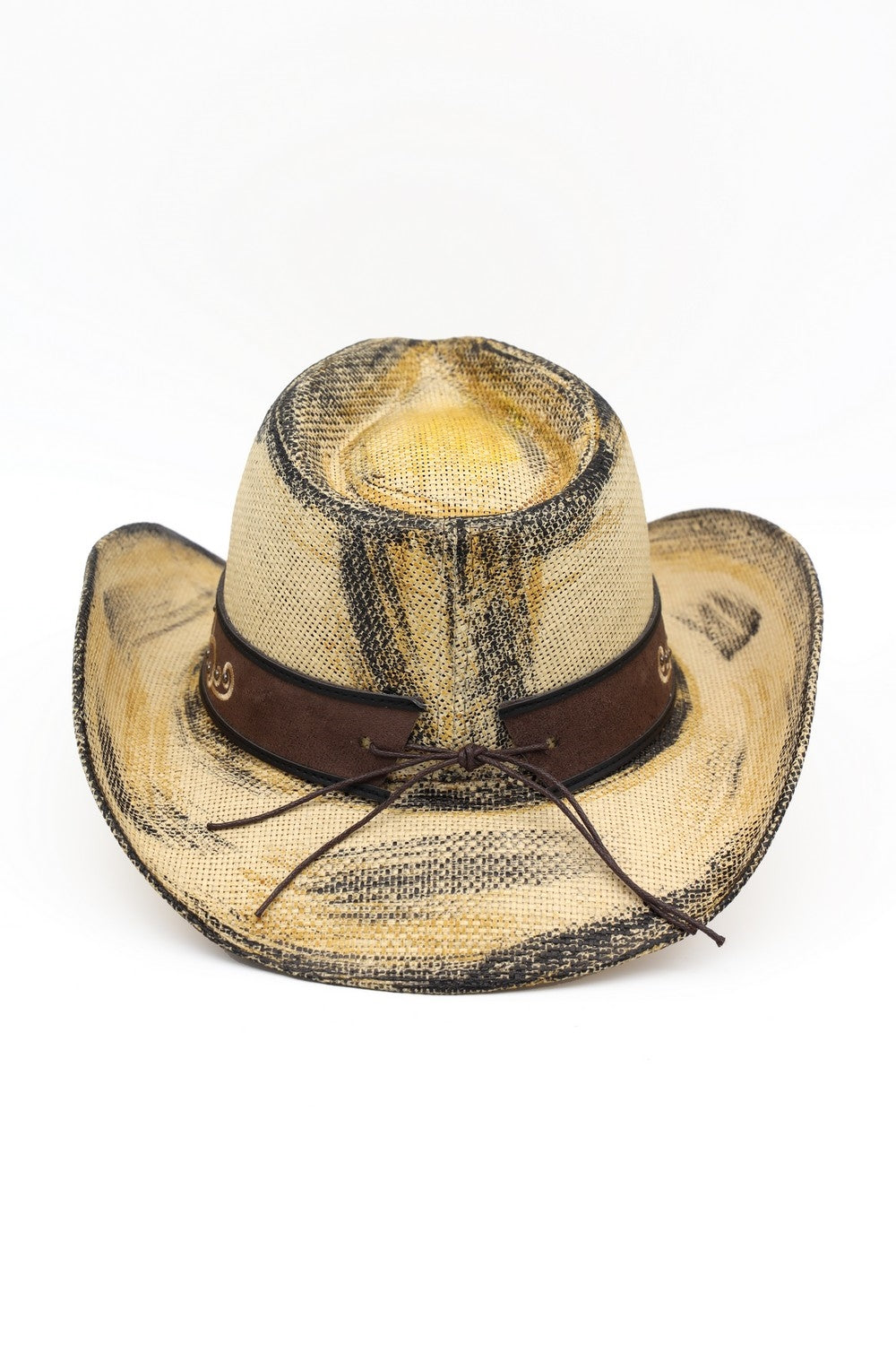 Antique Wash Straw Cowboy Hat With Ornate Oval Buckle Faux Leather Band