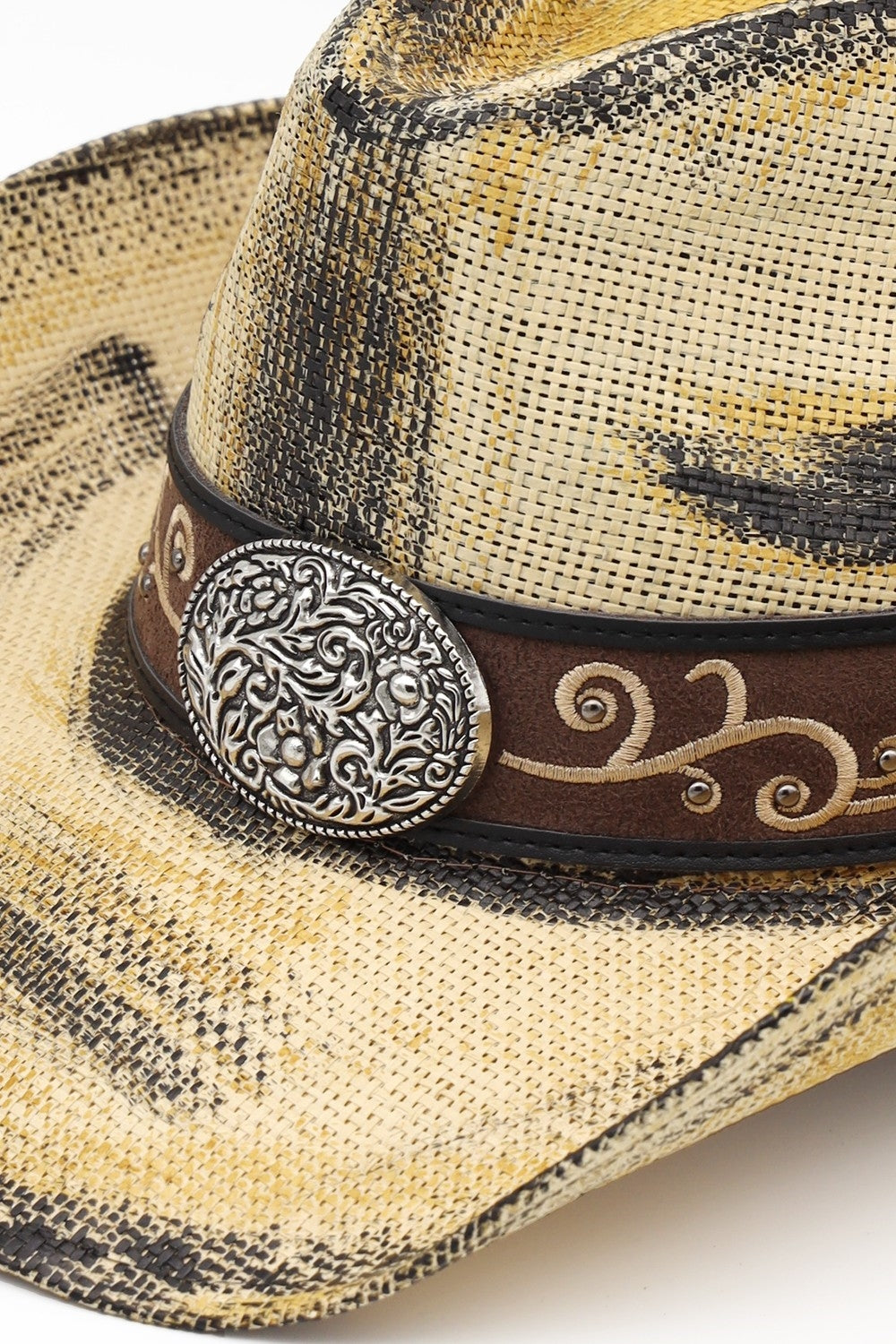 Antique Wash Straw Cowboy Hat With Ornate Oval Buckle Faux Leather Band