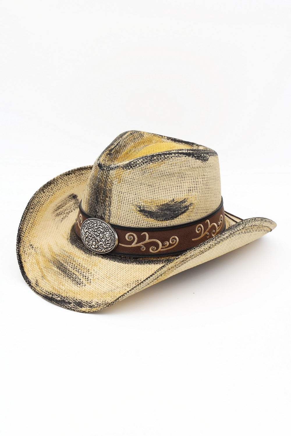 Antique Wash Straw Cowboy Hat With Ornate Oval Buckle Faux Leather Band
