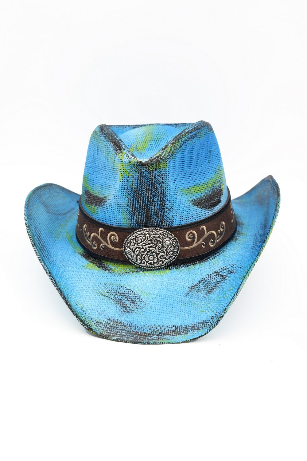 Antique Wash Straw Cowboy Hat With Ornate Oval Buckle Faux Leather Band